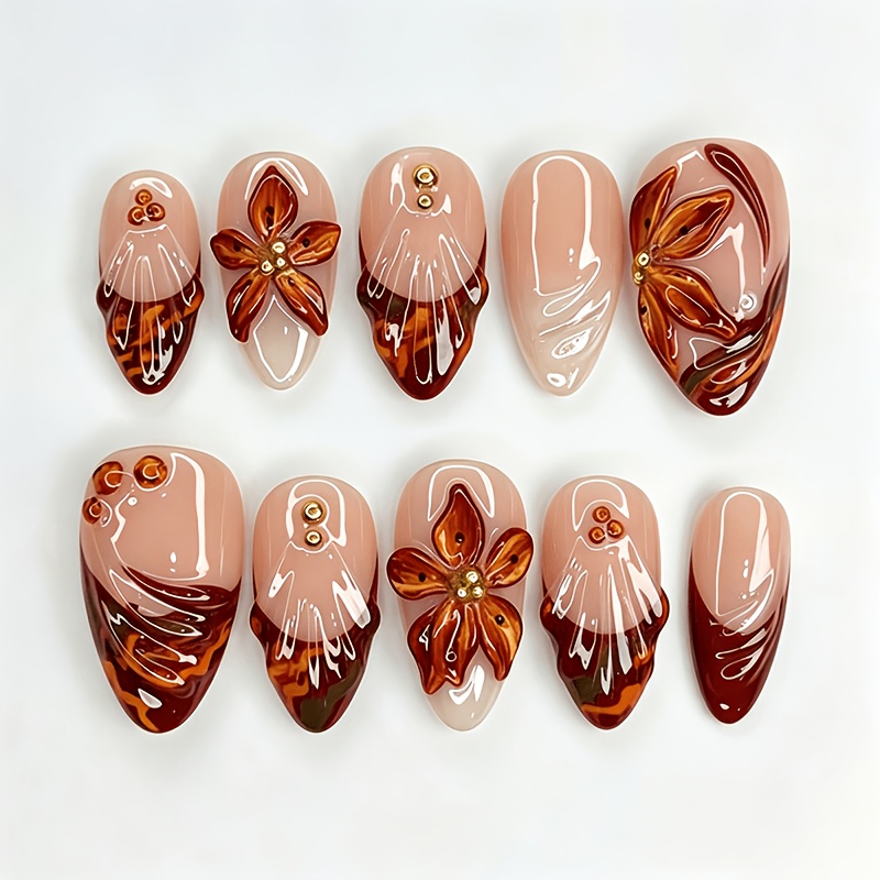 TEMU 10pcs Amber Tortoiseshell Almond Press-on Nails, Nude Amber-red Flower Fake Nails With Golden Bead Accents, Glossy Hand-painted Reusable Nails