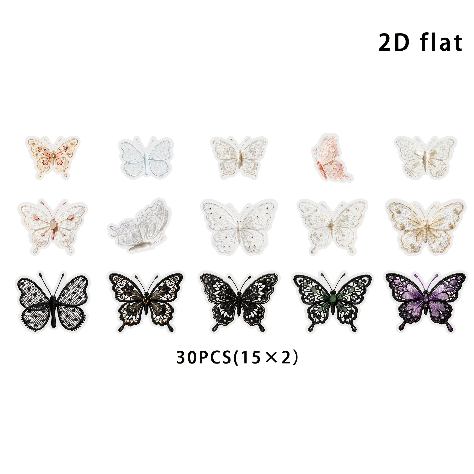 TEMU Etori Life 30pcs Autocollants Collage Papillon Brodé , Motif Dentelle Rétro, Matériaux de Décoration de Cartes , Convient pour Cahiers, Sacs à