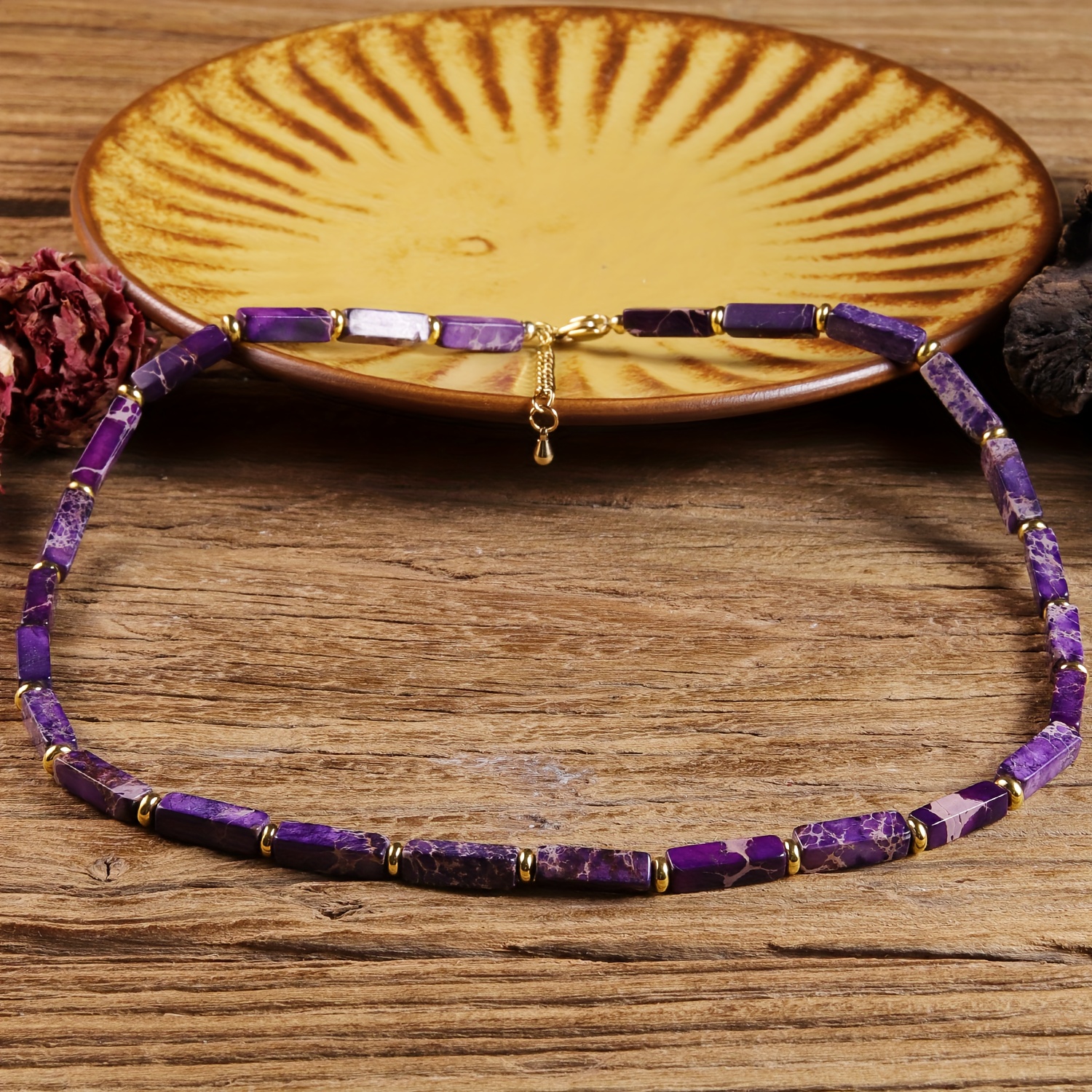 E-shop Naturstein 1-teiliges elegantes Damen-Halsketten-Set im Bohème-Stil | Natürlicher Liliensporn-Schmuck | Rechteckige Perlen kombiniert mit