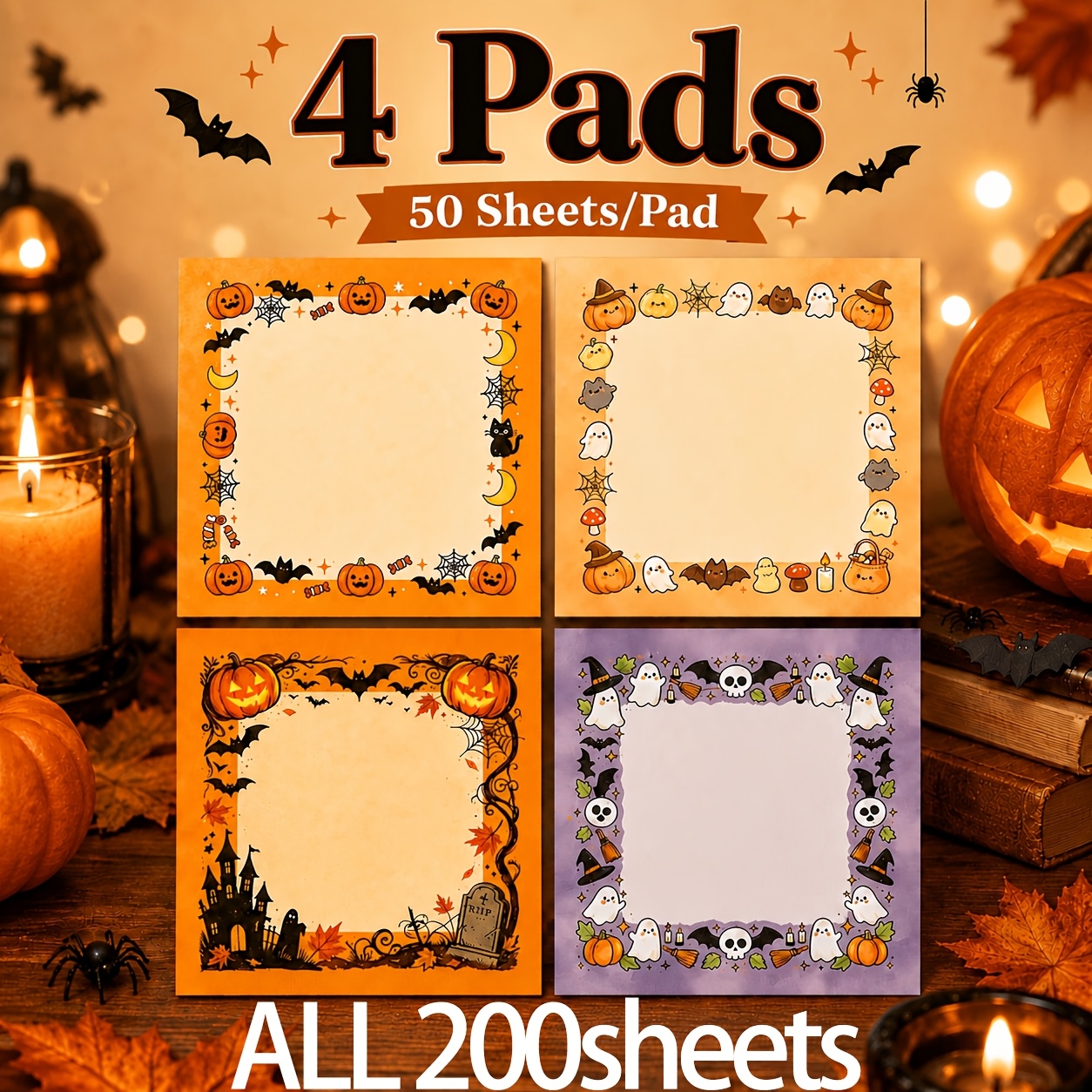 TEMU Halloween Sticky Note Set, 4 Pads, 50 Sheets Per Pad - 2.99-inch Square Self-adhesive Notes, Suitable For School, Office, Home, Includes ,