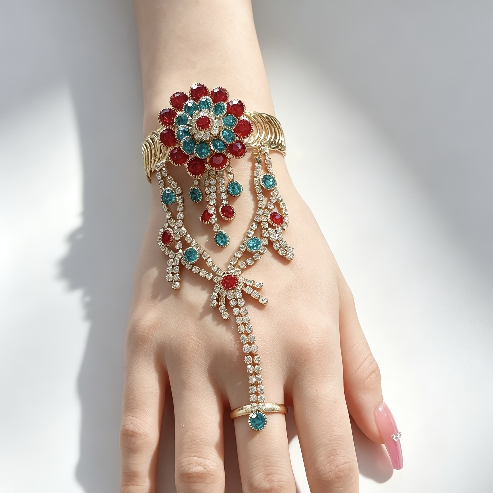 TEMU Vintage Fashionable And Elegant Bracelet-ring Combination Ethnic Style Hand Jewelry, Floral Bracelet, Gift For Banquets And Parties, Decorative