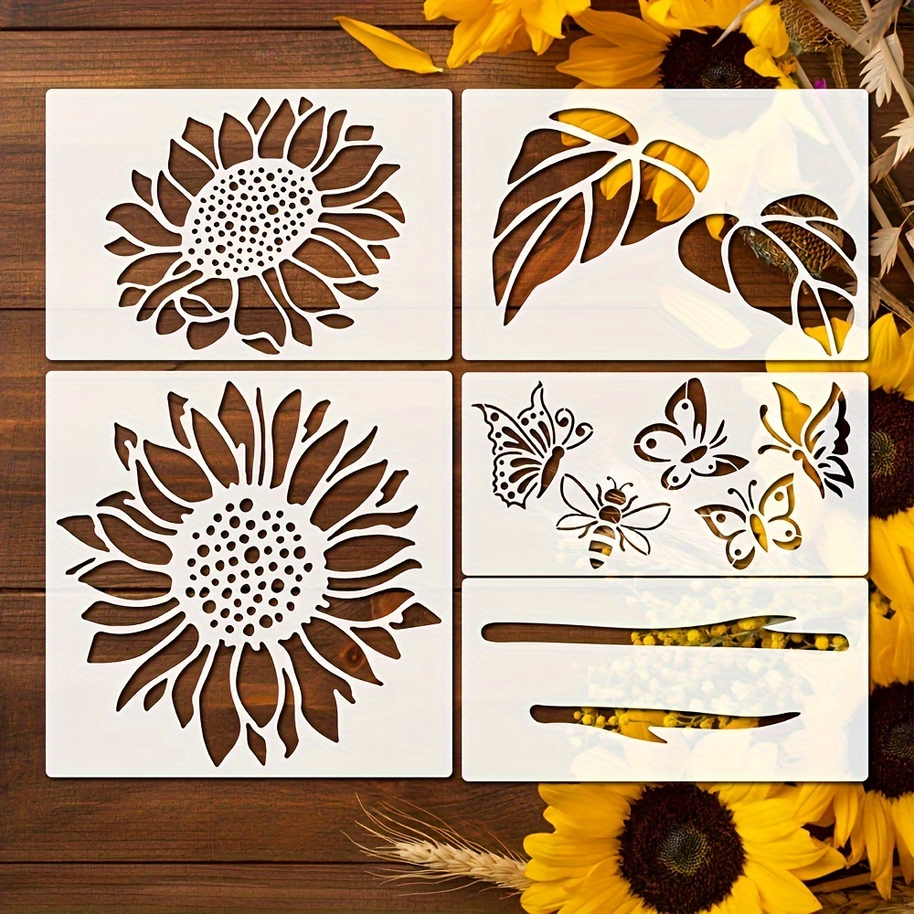 

5pcs Sunflower Stencil For Garden Fence, 11.8 Inch Large Sunflower Stencils, Butterfly Bee Stencil, Reusable Sunflower Drawing Templates For Diy Painting On Canvas Wood Wall Furniture Home Art Crafts