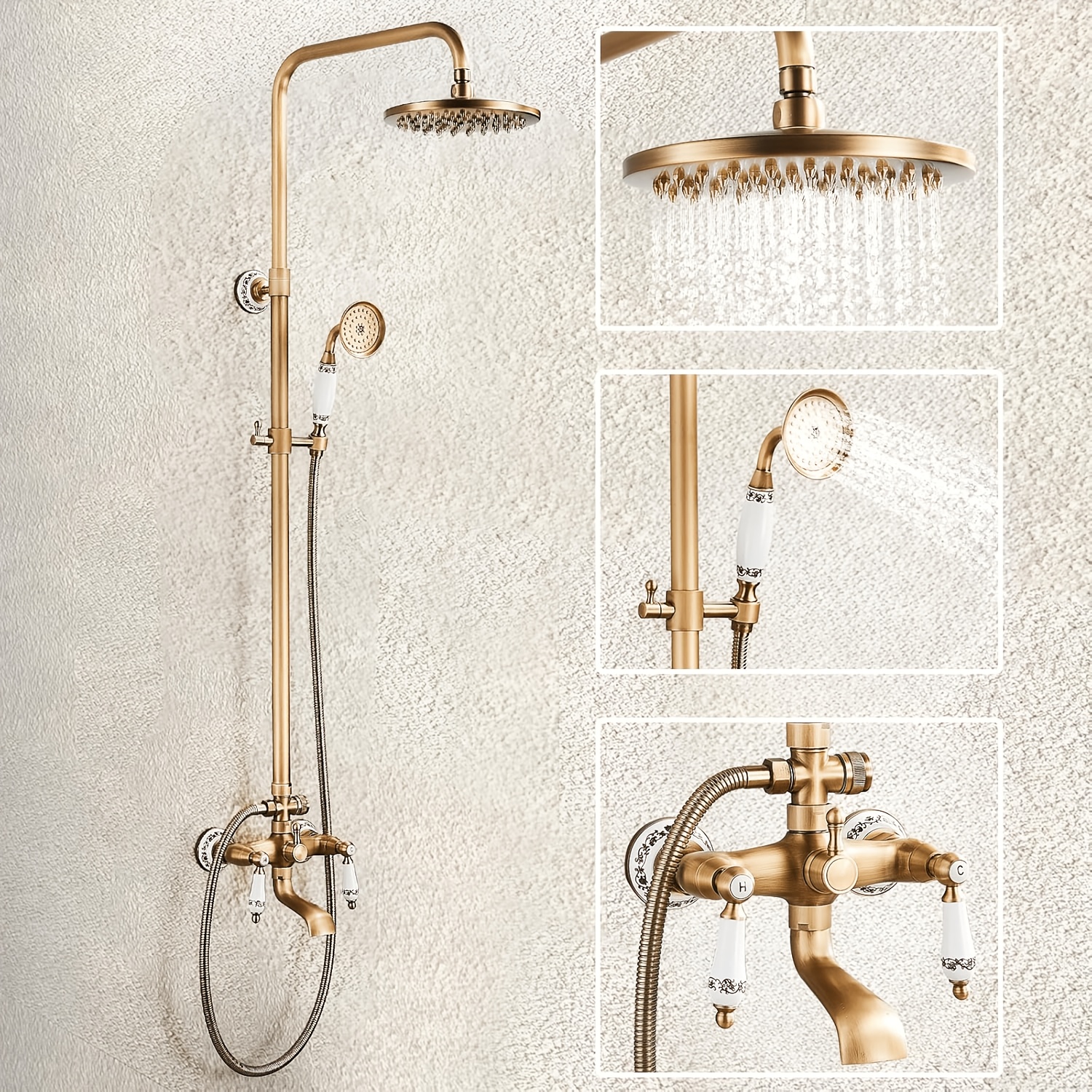 Antique Brass Outdoor Shower Faucet System Set Mixer Fixture , Antique Brass Bathroom Shower Faucet Set 8" Head Combo With Tub Spout, Adjustable Shower Rail