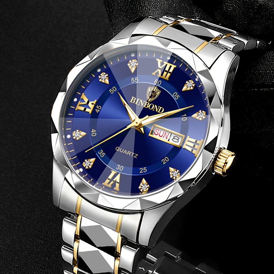 1pc Binbond Men's Business Watch, Stainless Steel Quartz Movement, Round Zinc Alloy Case, Luminous Dual Calendar, Battery Powered with Electronic Drive