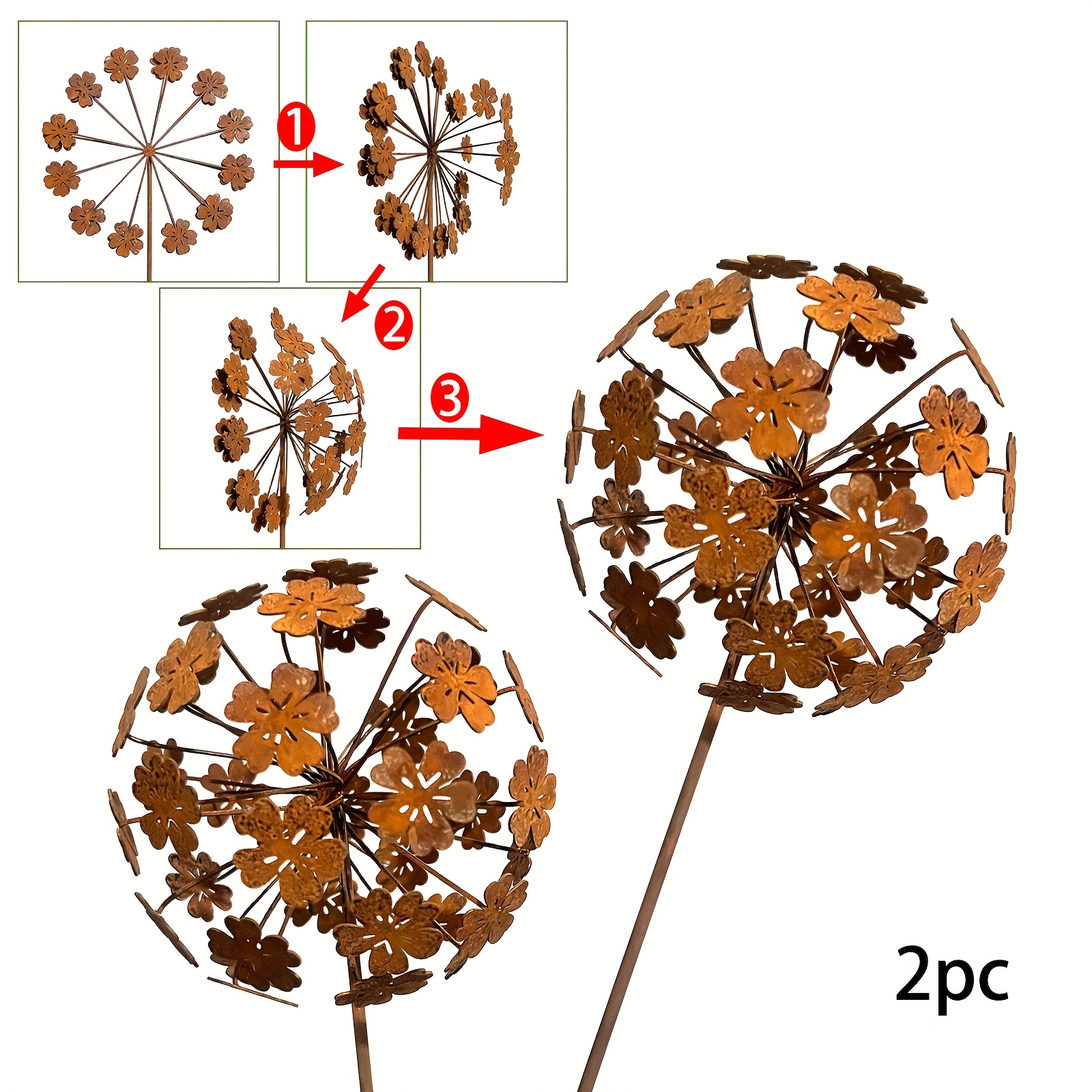 E-shop 【3D】 [3D] 2er Set Weihnachten Retro Eisen Löwenzahn Bodeneinsatz Dekoration | 3D Dreidimensionale Sphärische Löwenzahn Garten Skulptur · Rostige