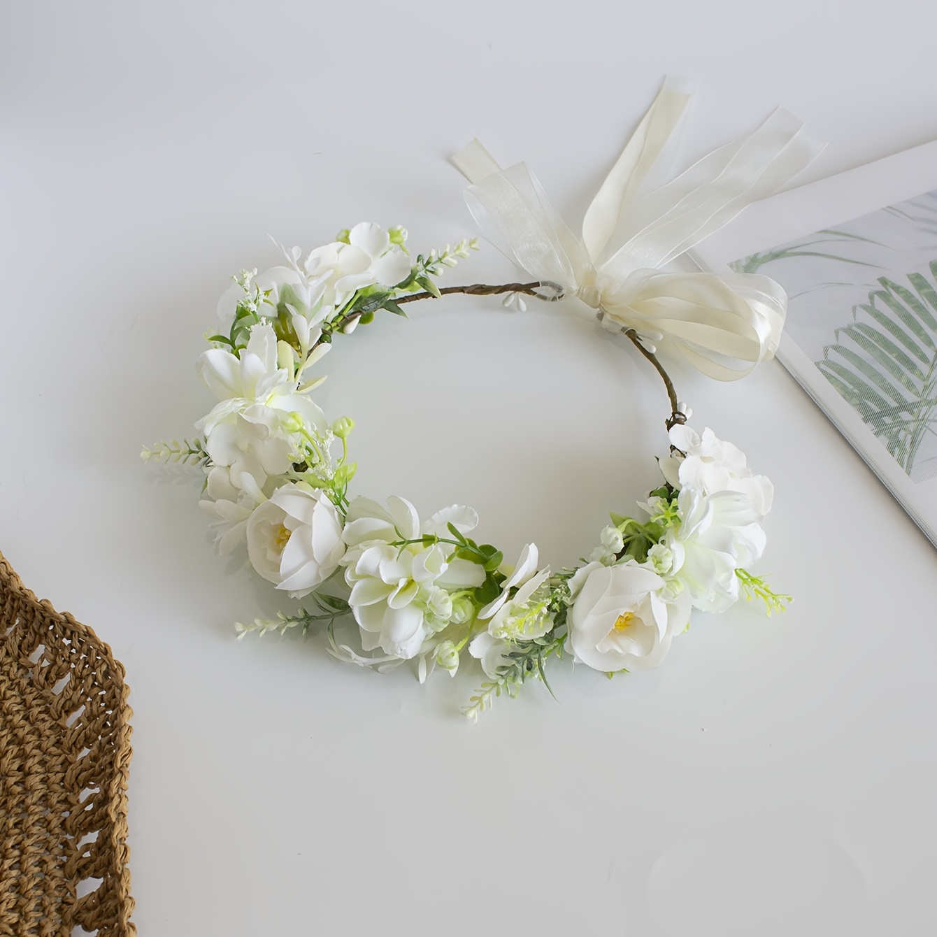 Image of 1pc Vacation Artificial Flower Headpiece, White Flower Crown Headband, Boho , Bridal Wedding Bridesmaid Hair Accessory, Beach Vacation Photo Prop, Wreath For Women
