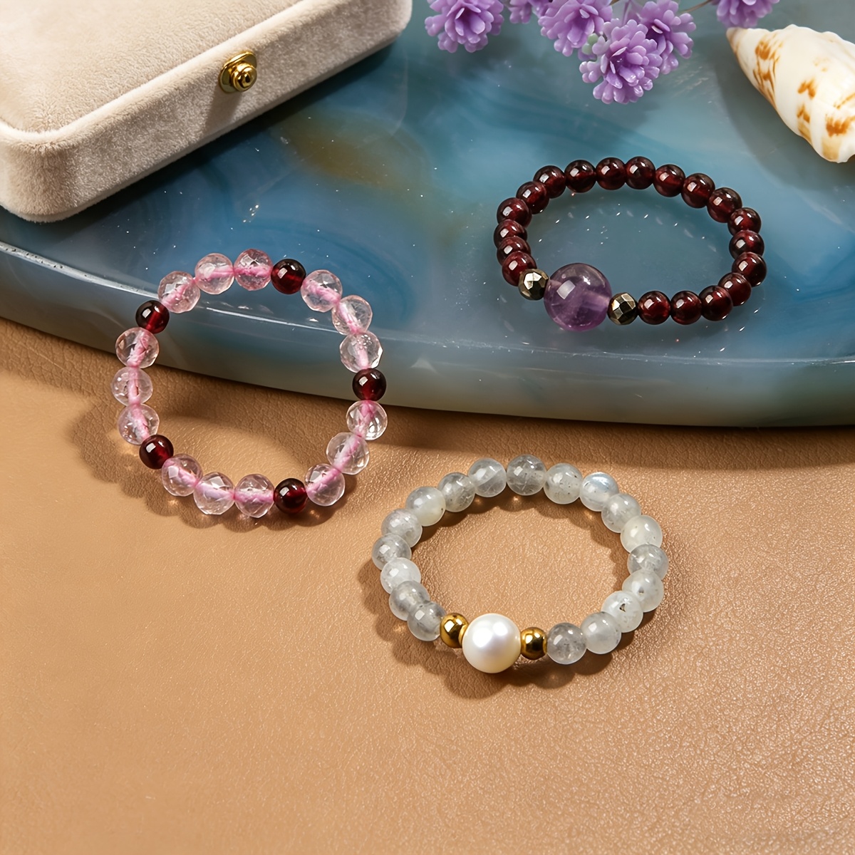 3pcs Natural Rose Quartz Stackable Ring Set, Exquisite Gift