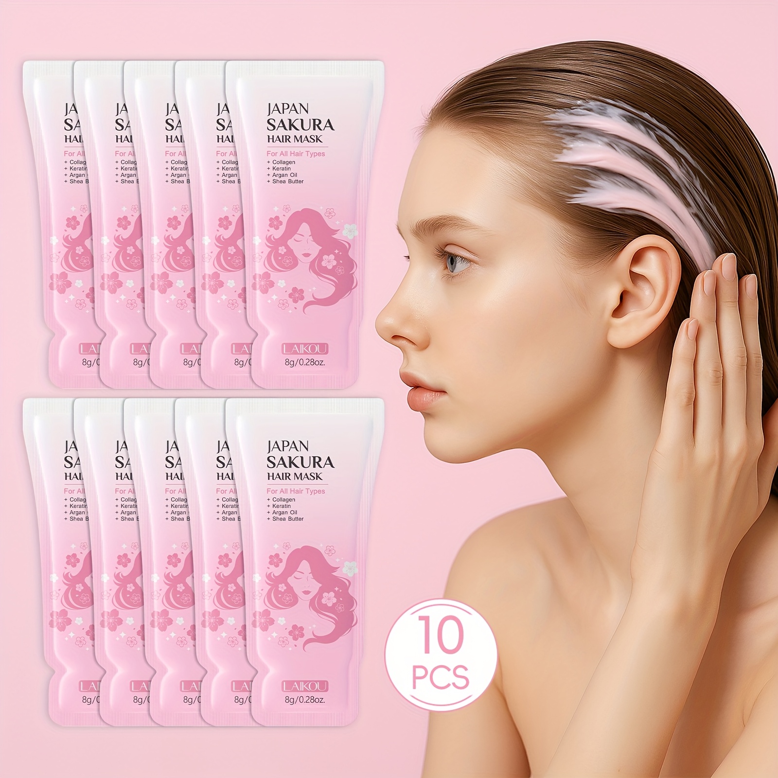 Image of Set Of 10 Laikou Japan Sakura Hair Masks, Each 8g/0.28oz, Enriched With Vitamin C, Shea Butter, Niacinamide, Lees Extract, Designed For Dry And Straight Hair To Smoothness And Deep Conditioning