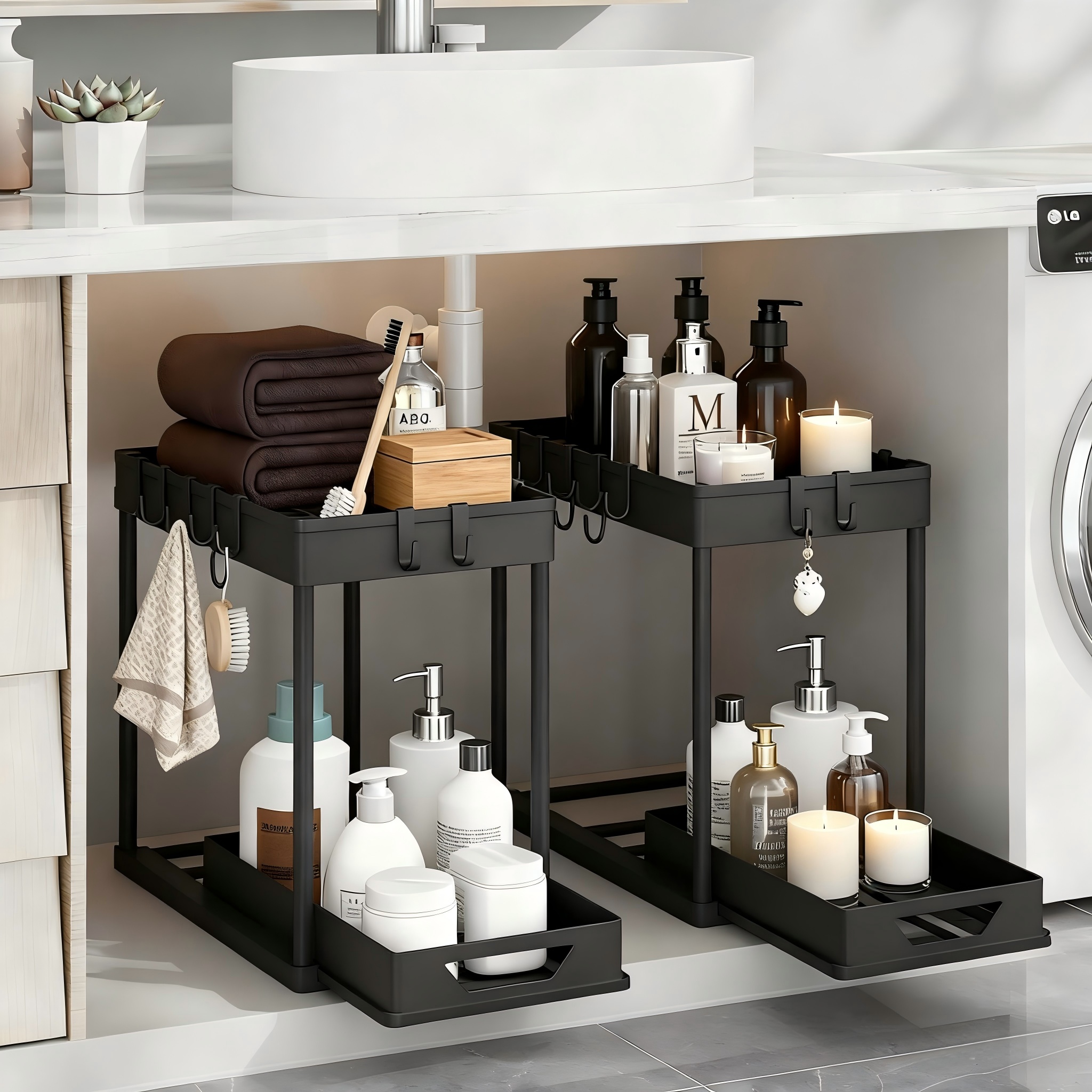 TEMU 2pcs Under Sink Organizer -, 2 Tier Sliding Cabinet Basket, Metal Pipe, 8 Hooks For Kitchen And Bathoom Under Sink Organizers And Storage