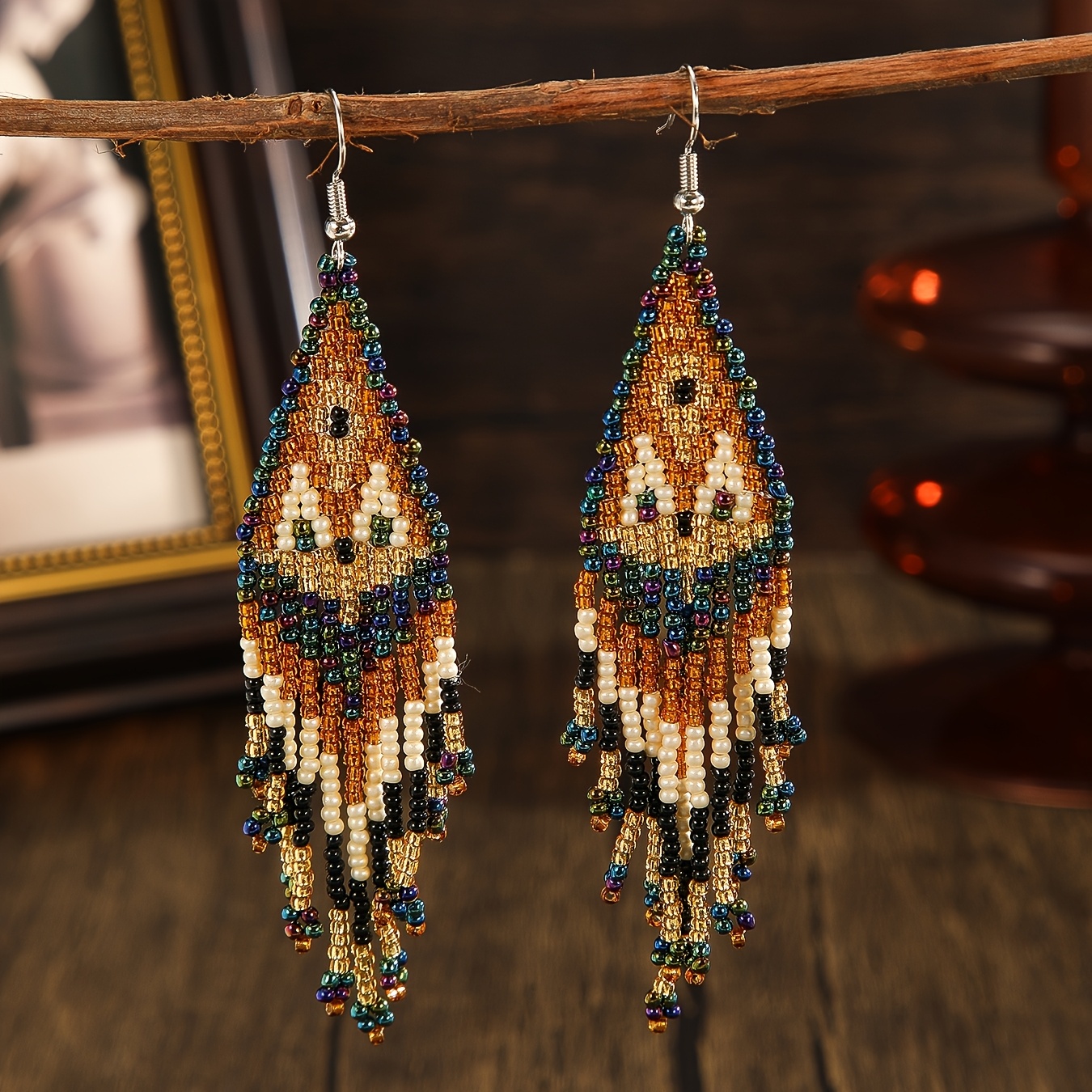 TEMU SOUL BEADING Boucles d'Oreilles Pendantes à Franges Tissées à - Perles Multicolores Vintage & Géométriques, Bijoux Légers et Durables pour & les