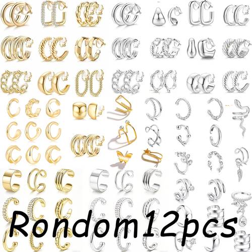 random 12pcs womens fashion clip on earrings set stylish minimalist versatile vintage inspired luxurious high quality hollowed out sparkle multi layered irregular twisted design womens daily wear vacation
