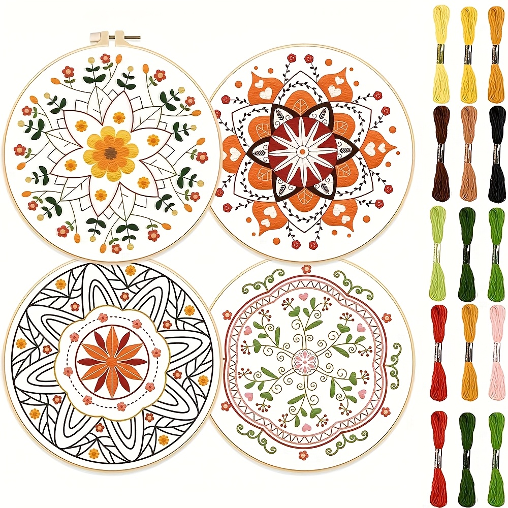 TEMU 4pcs Mandala Pattern Embroidery Diy Art Set - Includes 4 Printed Embroidery Cloths, 1 Embroidery Hoop, Embroidery Thread, Embroidery Tools