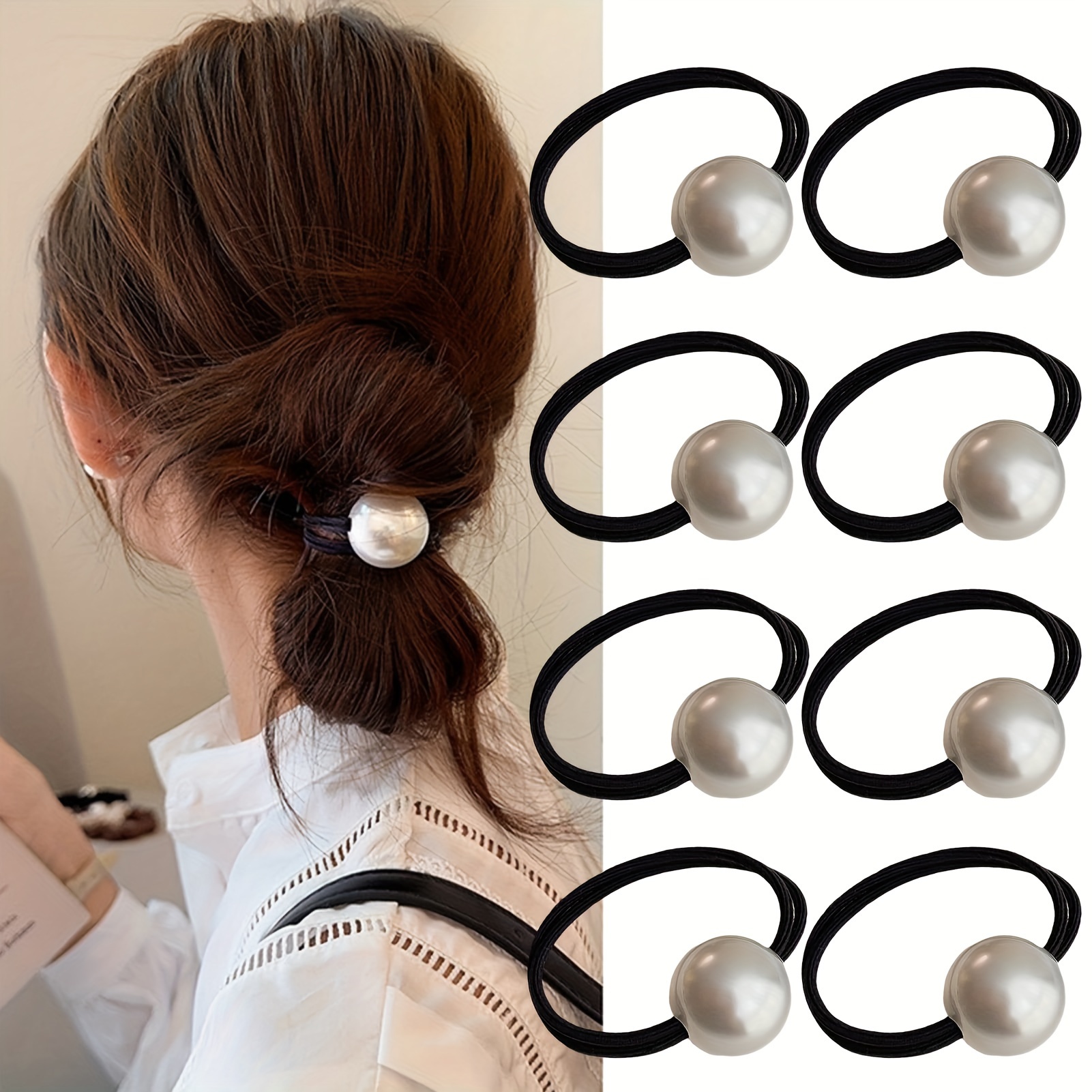 

8pcs Elegant Pearl Hair Ties Set - Vintage Style Ponytail Holders For Women, Black, Ponytail Hair Ties