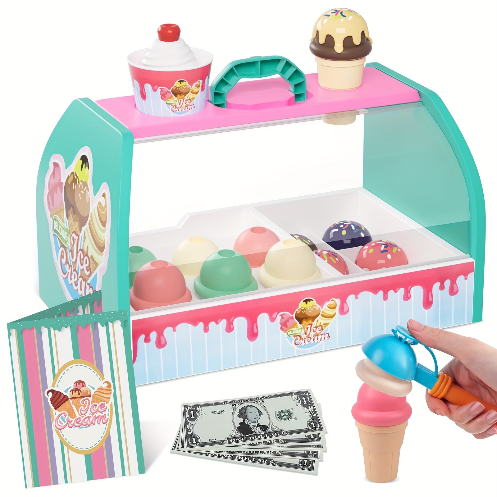 

Ice Cream Counter Playset For Kids, Ice Cream Shop Toys, Pretend Play Toys, Play Food Scoop And Serve, Toddler Girls And Boys Ages 3+