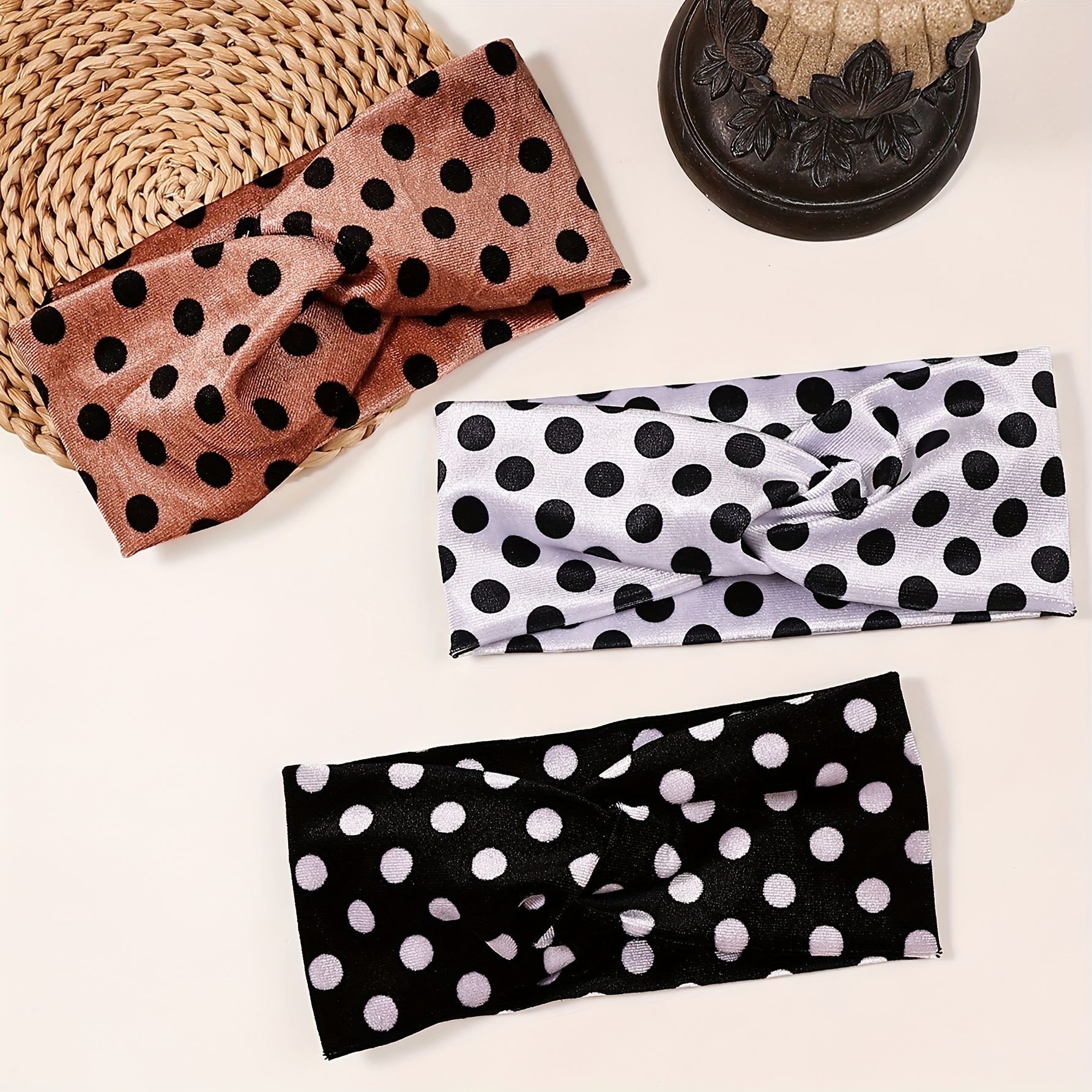 TEMU 3pcs Comfortable Soft Polka Dot Velvet Hair Ties, Elegant Women's Cross Headband Hair Accessories