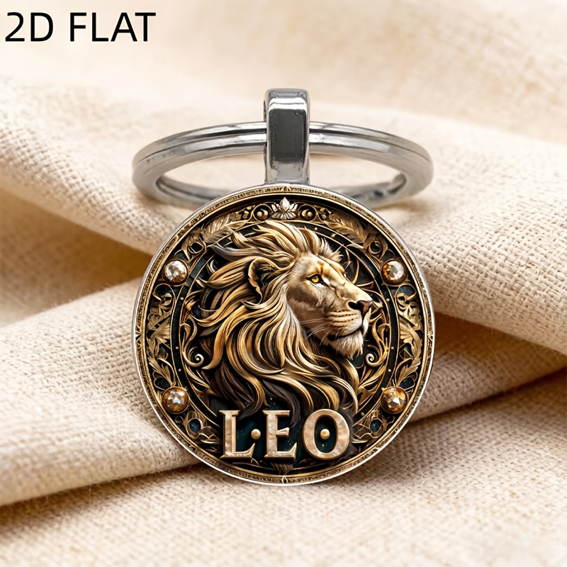 TEMU Leo Metal Keychain - Vintage Head Embossed & Scrollwork Pattern Round Charm, Luxury Gemstone Accented Alloy Car Key Fob & Bag Accessory, Unisex