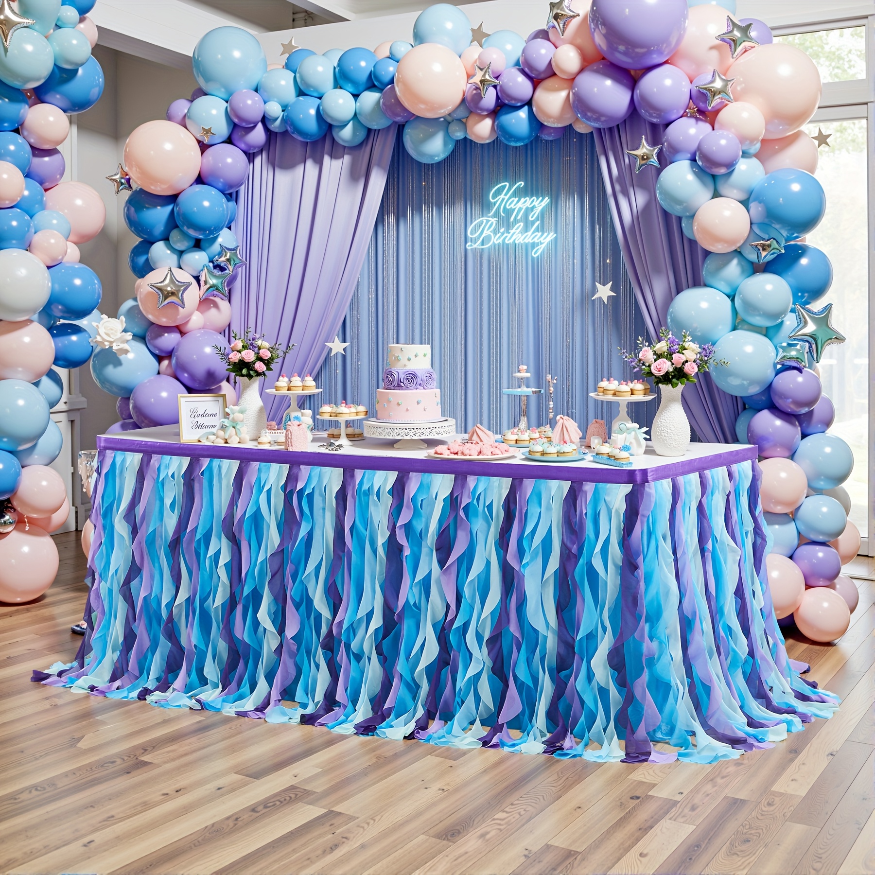 Paquete De 3 Faldas De Mesa Con Flecos De Papel De Aluminio Azul Lago,  Guirnalda De, image size:1800x1800