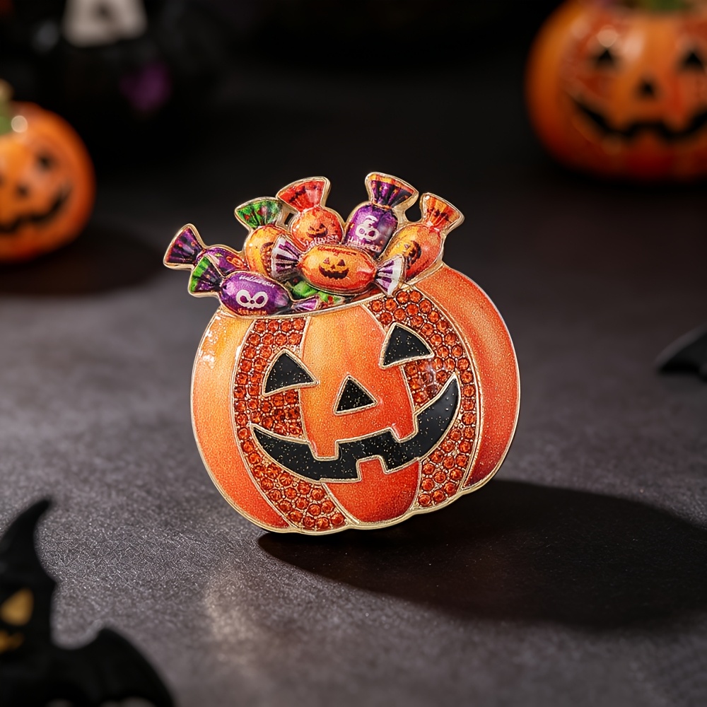 TEMU 1 pièce Broche en émail strass bonbon citrouille d'Halloween, style Halloween et ludique, convient pour , manteaux et sacs en toile, pour tenues