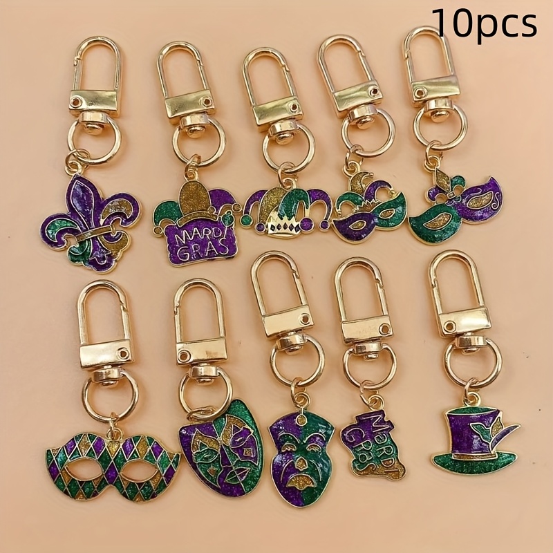 

10pcs Mardi Gras Keychains, Alloy Key Rings, Assorted Purple, Green, And , With Carnival Masks And Hat Design, For Bags And Backpacks, Accessory Set