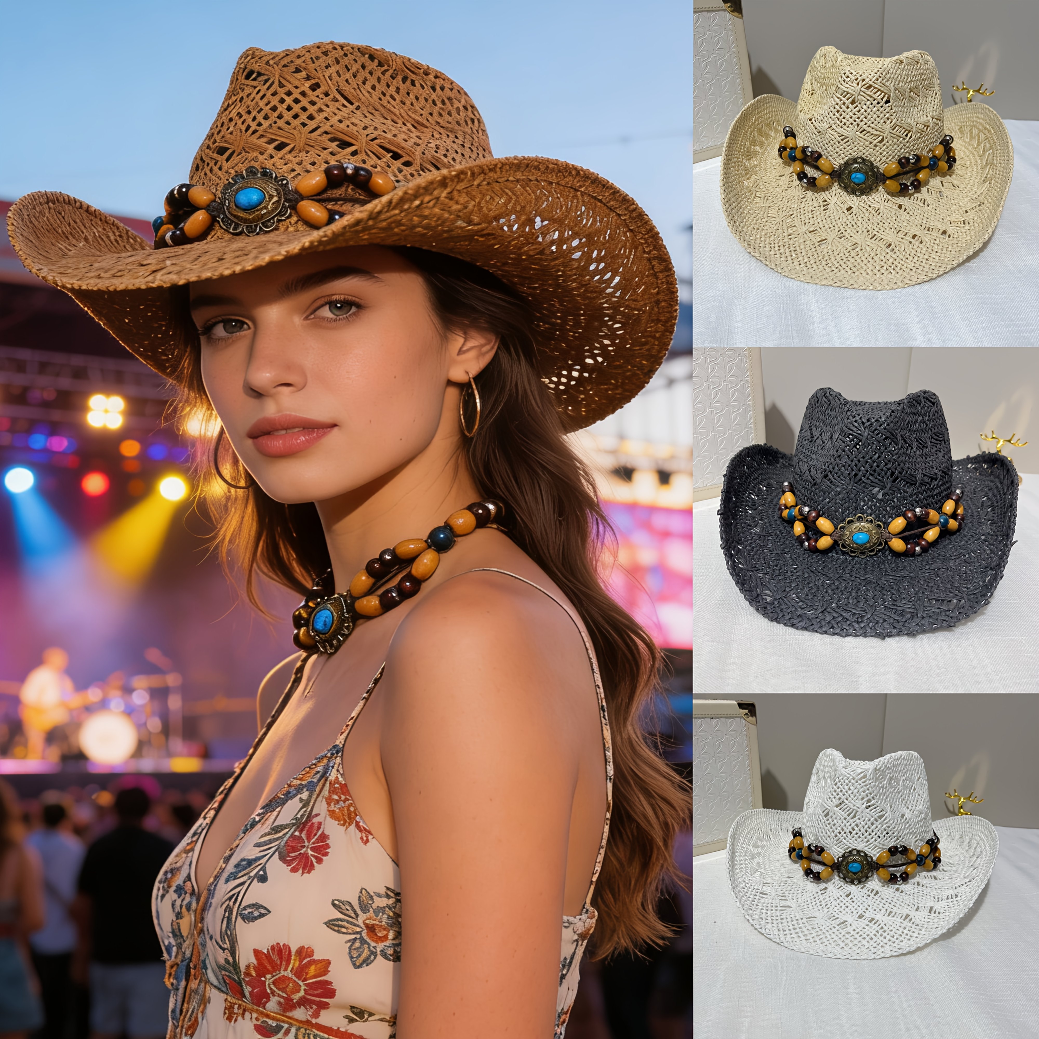 Straw Cowboy Hat with Chain - Unisex Cowgirl Hat for Beach Country Fluffy Sense Coastal Cowgirl Hat Straw Cowboy Hat Western  main image 4