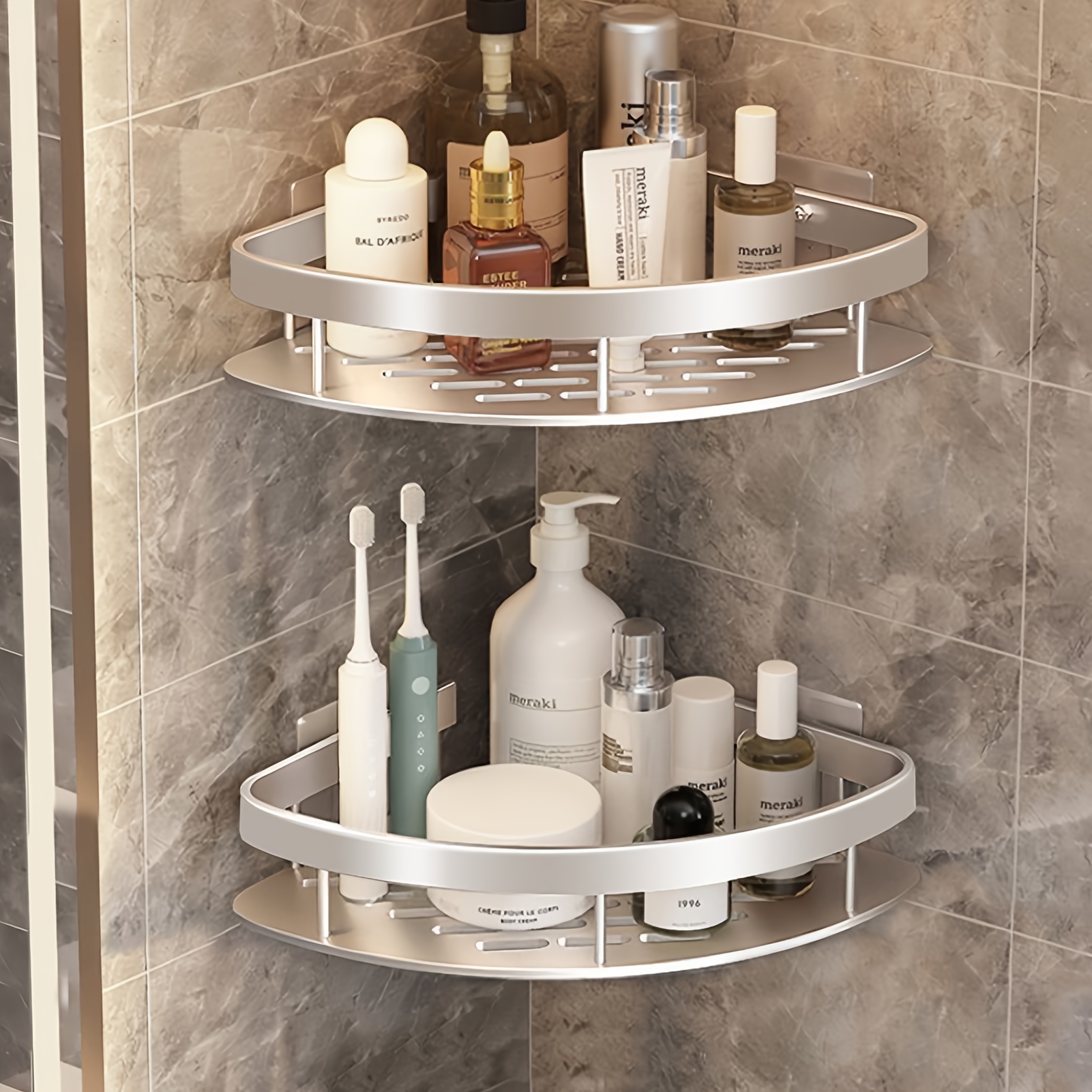 

1pc Corner Shower Caddy, Aluminum Wall Mount Bathroom Shelf Organizer, No Drilling Needed, Rustproof Storage Rack For Shampoo And Accessories, Space-saving Kitchen Accessory