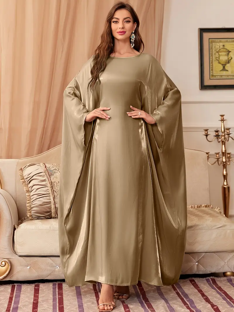 womens solid color batwing sleeve tie back round neck fashion middle eastern dress Product details 7