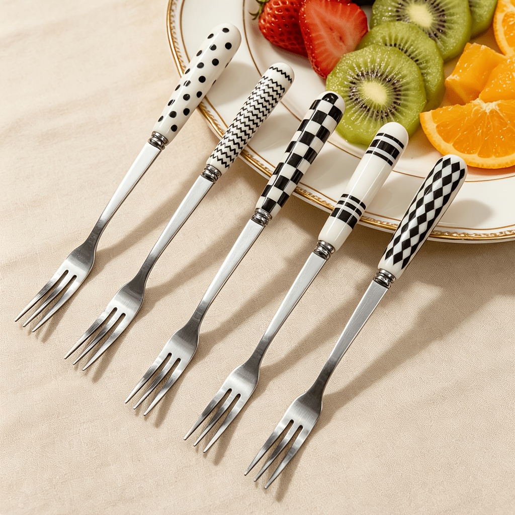 TEMU 5pcs Geometric Pattern Ceramic Handle Stainless Steel Cutlery Set, Polished Surface Tableware, With Dessert Spoon, Coffee Spoon, And Fruit Fork,