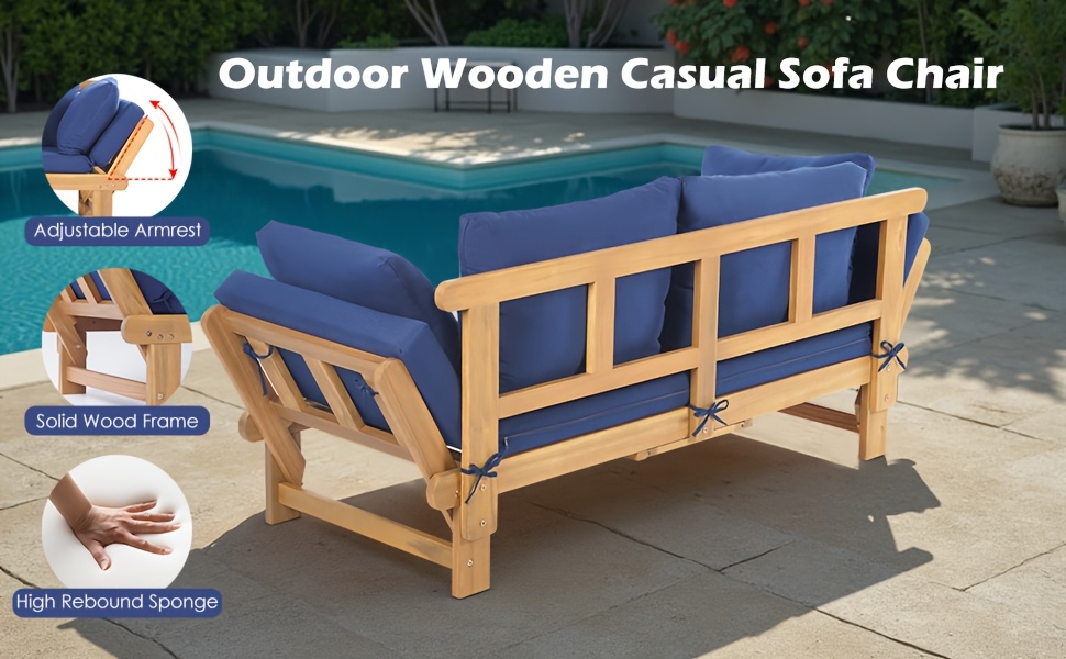 Outdoor Seating Arrangement Featuring a Wooden Sofa Bed with Adjustable Settings, Complete with Plush Cushions, Ideal for Two Individuals, Perfect for Small Spaces Like Balconies, Backyards, Or by The Pool