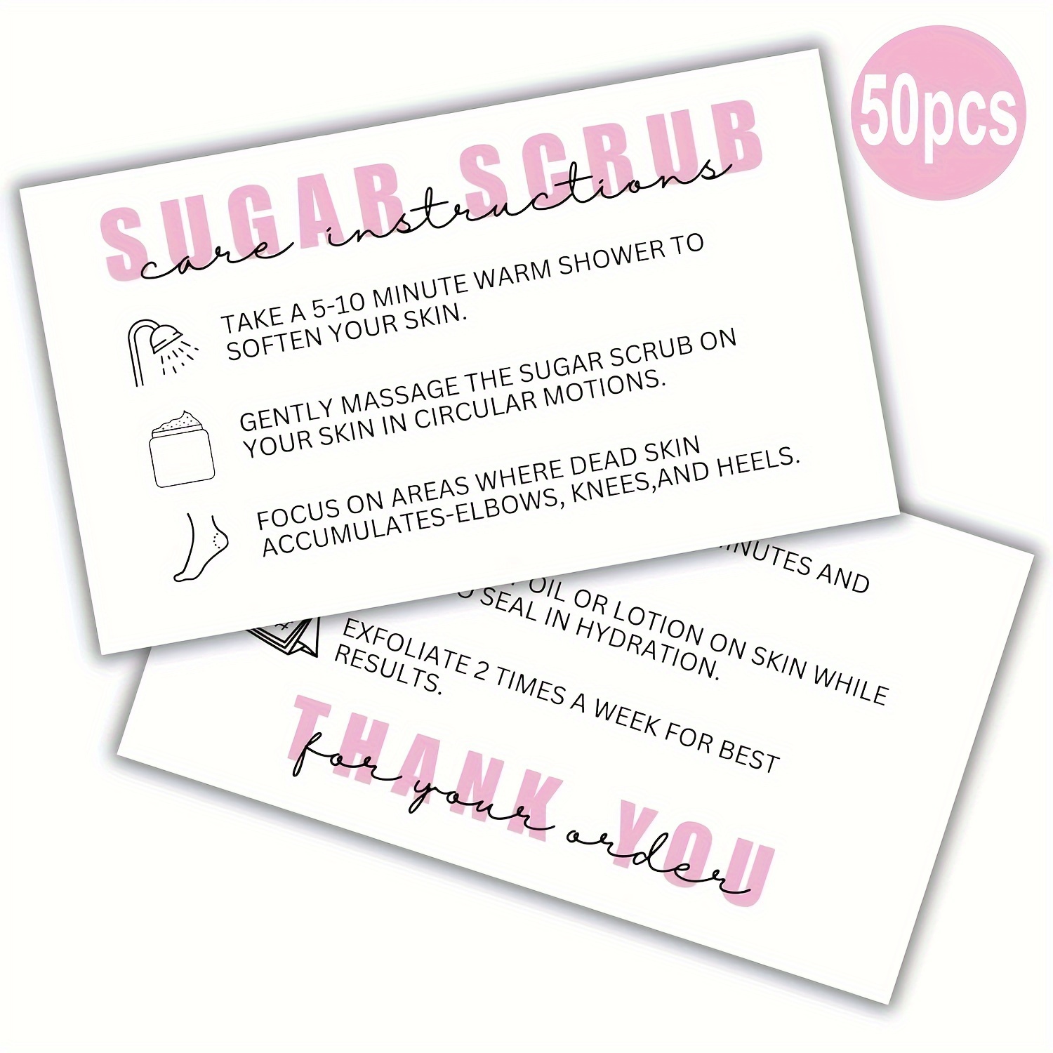 

50-pack Sugar Instruction Cards, 2" X 3.5" - Exfoliation And Hydration Tips, Thank You Message For Skin Care Products And Gifts