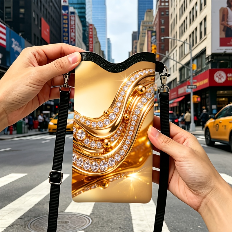 item picture   gilded glitter diamond print mini crossbody bag relaxed textured style synthetic leather material multi purpose bag phone pouch card holder wallet for daily use and gifts essential for easter and mothers day