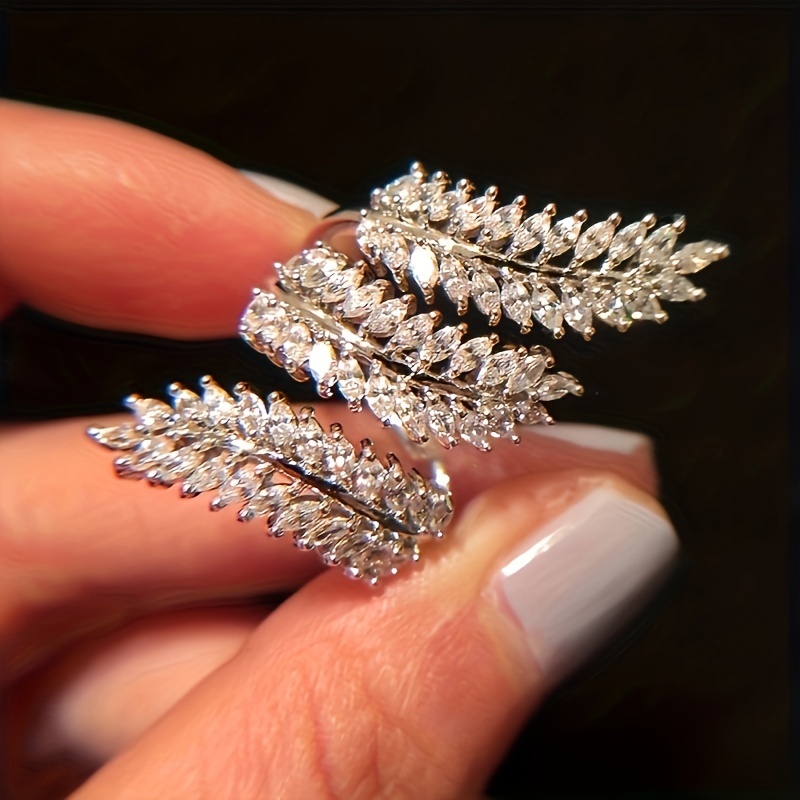 TEMU Luxury Personality Open Adjustable Olive Branch Ring Inlaid Shiny Zirconia For Women Daily Wear Party Banquet Accessories