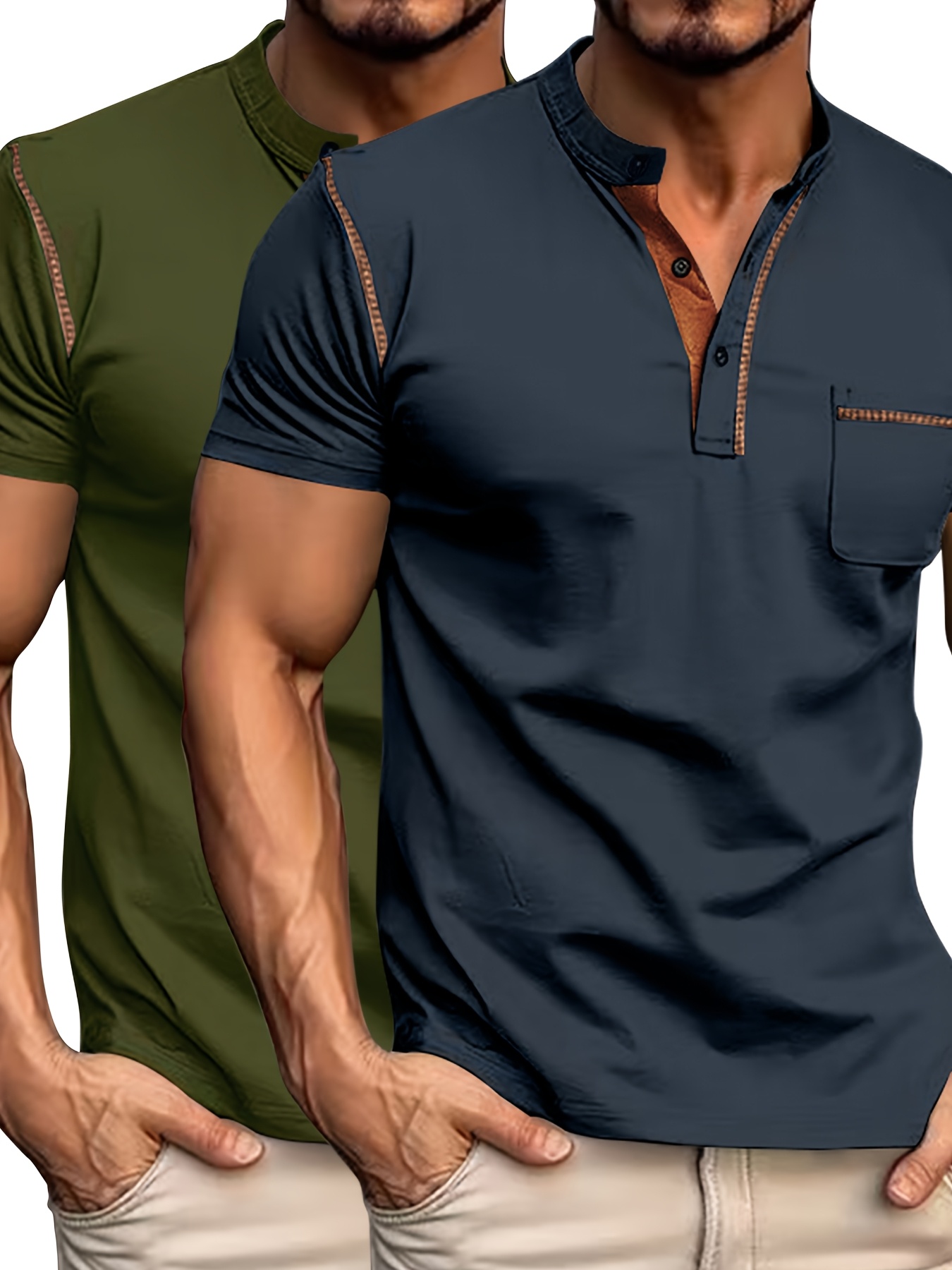 Conjunto de duas peças casual para homem, camiseta, camiseta de manga curta com decote em V e detalhes de botão, camiseta desportiva ajustada.