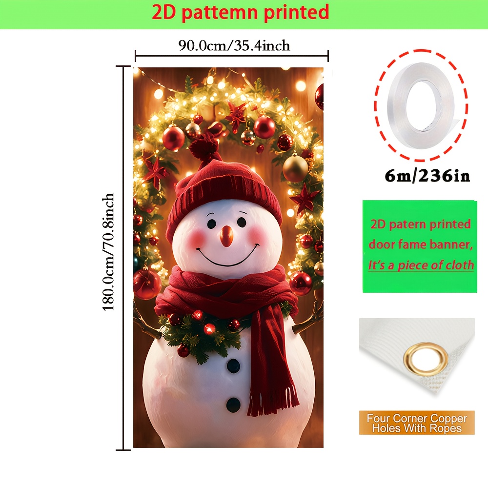TEMU 2d Flat, 2d Door Banner, A Christmas Door Sleeve Banner, Exquisite Polyester, Lighting Flower Ring And Cute Snowman Pattern, Are 4 -hole Easy