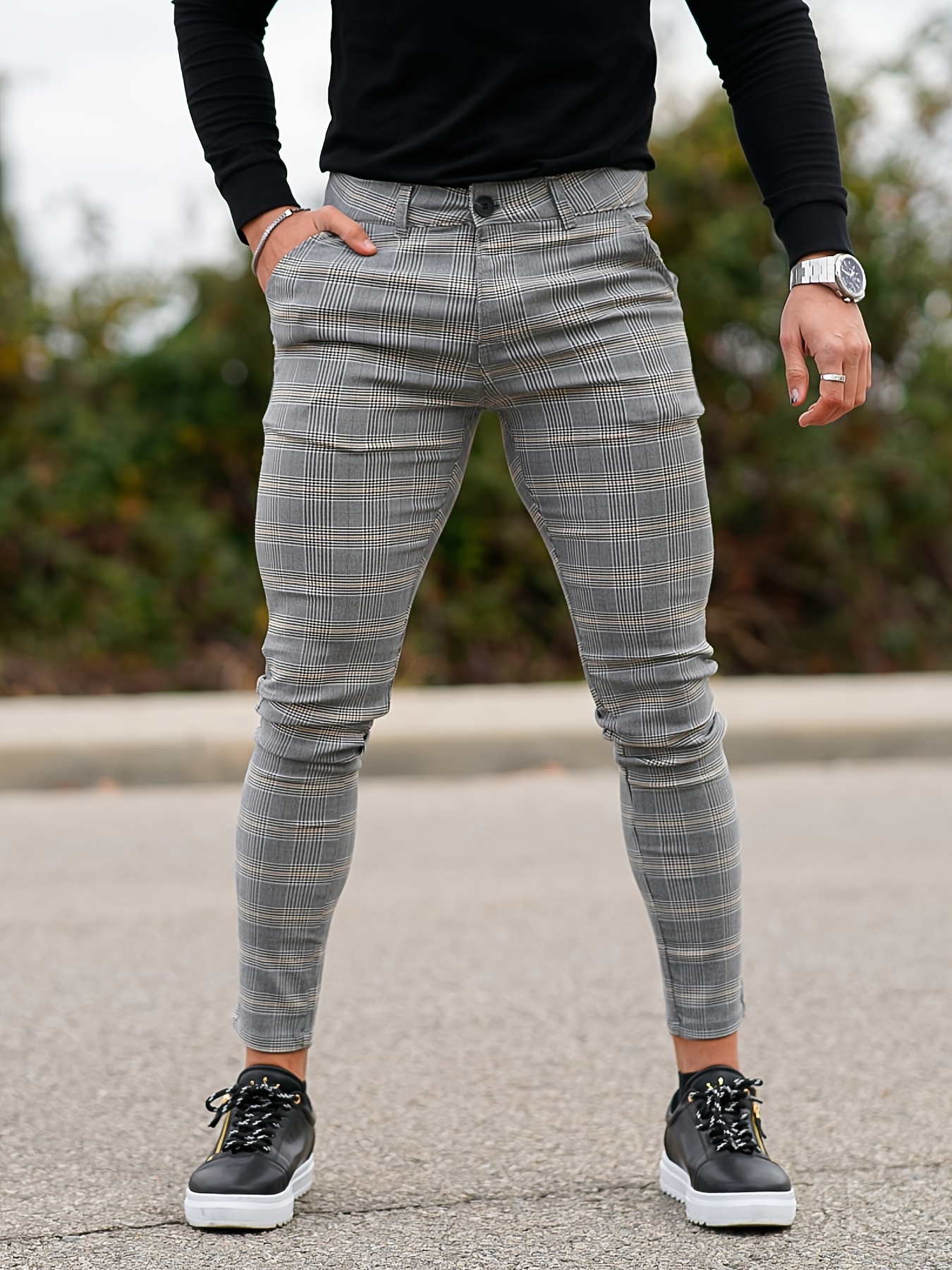 Men's Elegant Gray Plaid Slim-Fit Pants with Pockets - Breathable Viscose Blend, Stretch Fabric for Comfort, Ideal for Casual & Outdoor Activities, All-Season Wear