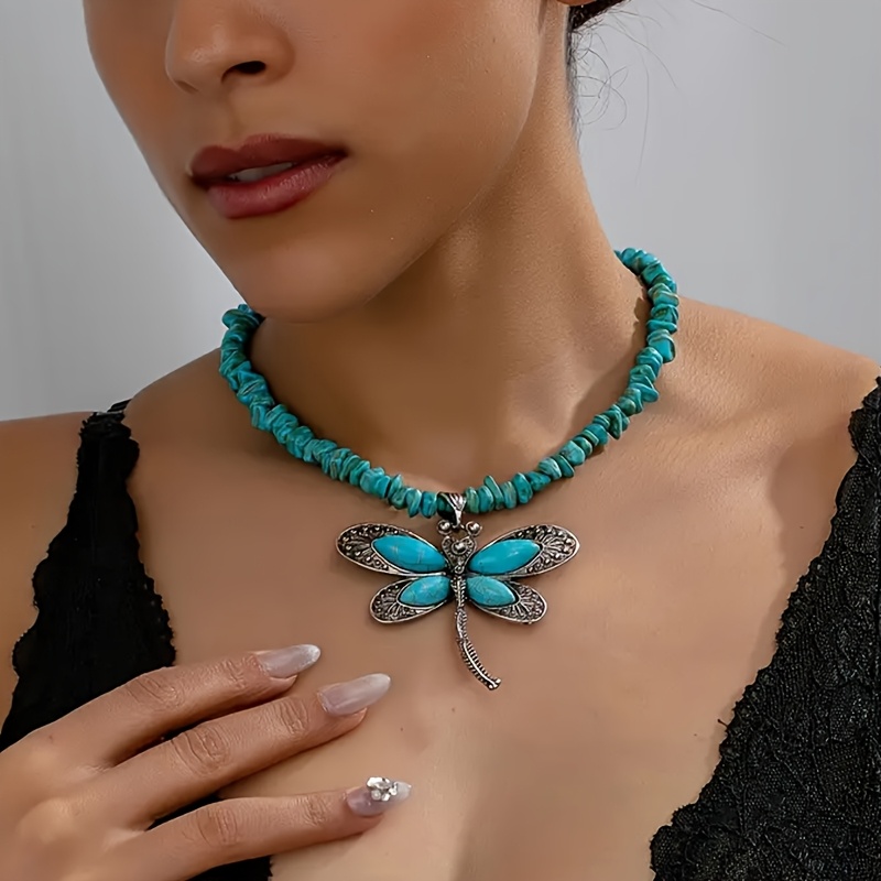 E-shop Böhmischer Urlaubsstil Vintage Elegante Türkis Perlen Libelle Anhänger Halskette Damen Urlaub Geburtstag Date Ball Party Urlaubs Shopping