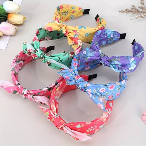 6pcs spring summer floral knot headbands for women s sweet elegant wide edge hair bands with vibrant prints soft fabric hair accessories for daily casual formal outfits s hair accessories fashion headwear bowshaped knot quality fabric construction versatile headwear durable headbands stylish headwear teen hairbands