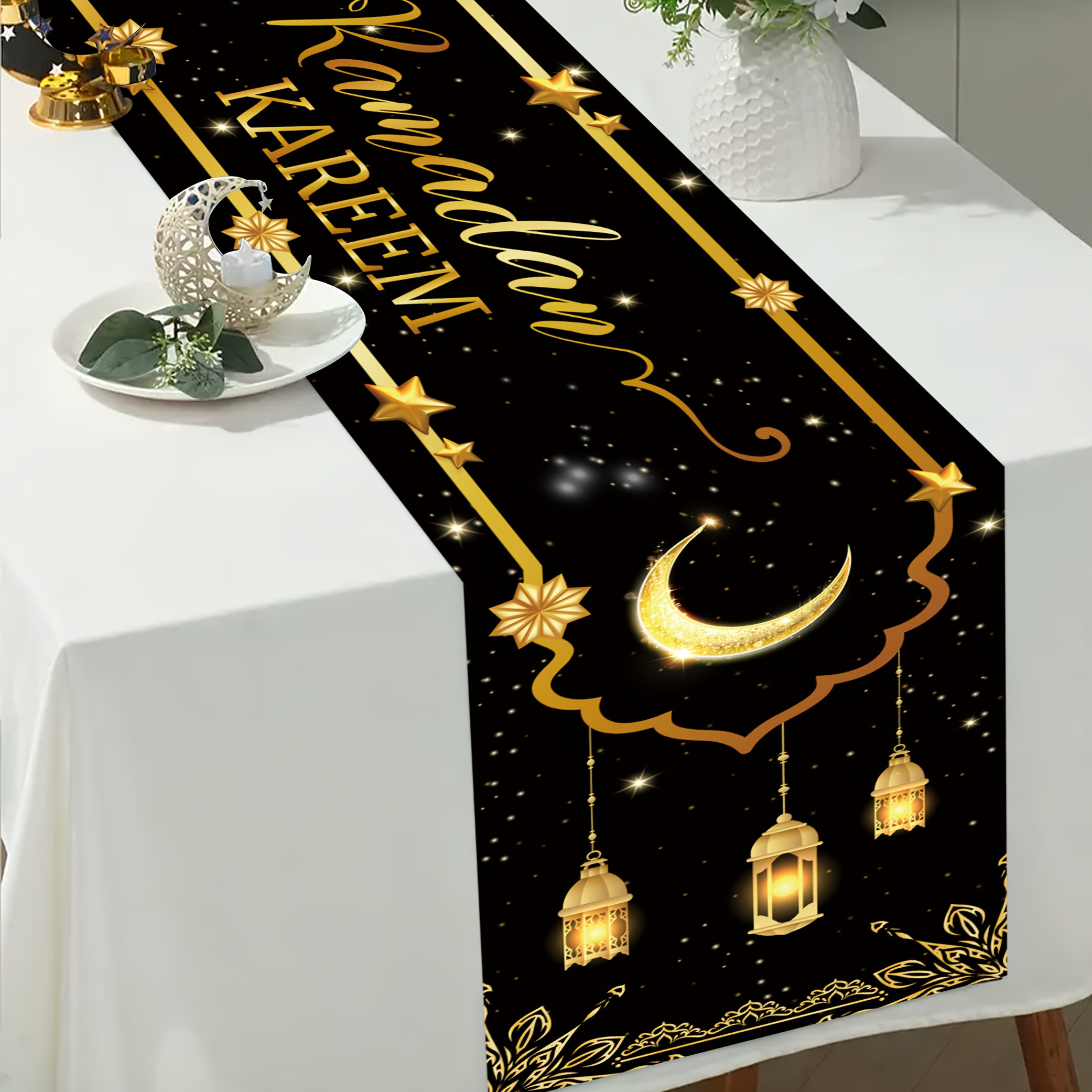 

1pc, Ramadan Table Runner, 70.8in X 13.8in, Polyester, Machine Made, Indoor & Outdoor Eid Al Fitr Party Decor, And Lantern Design