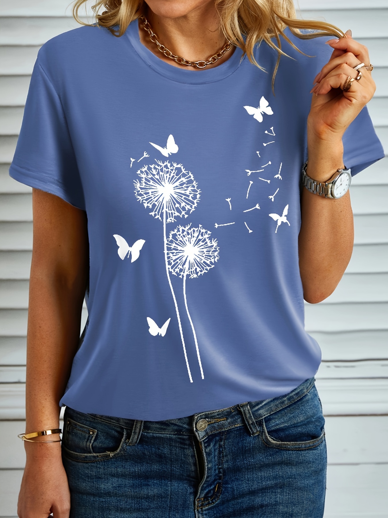 dandelion butterfly print t shirt casual crew neck short sleeve loose t shirt for spring fall womens clothing blue 0