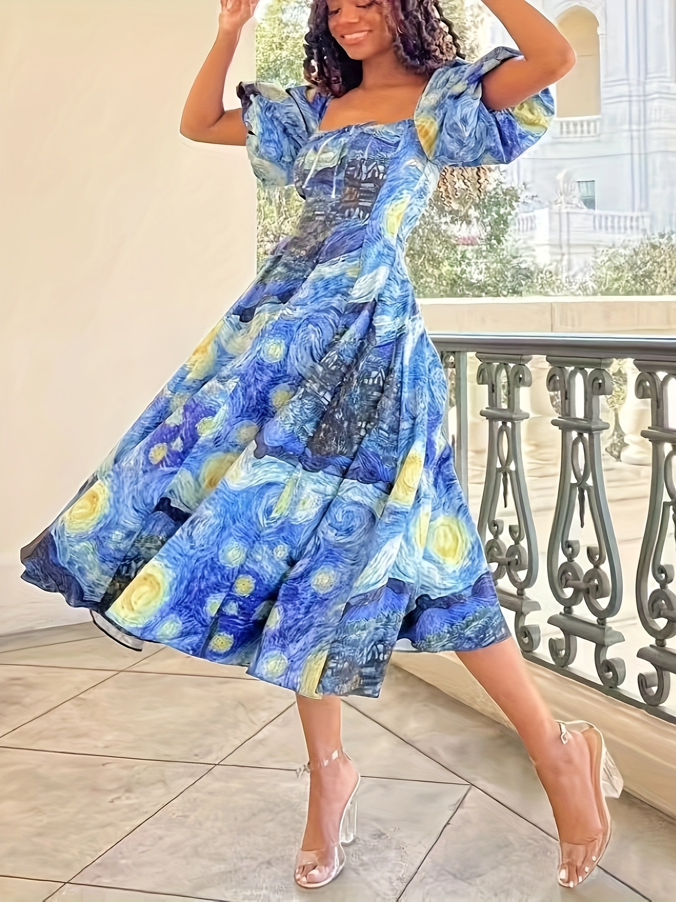 french style starry sky oil painting print flared dress - Temu Mauritius