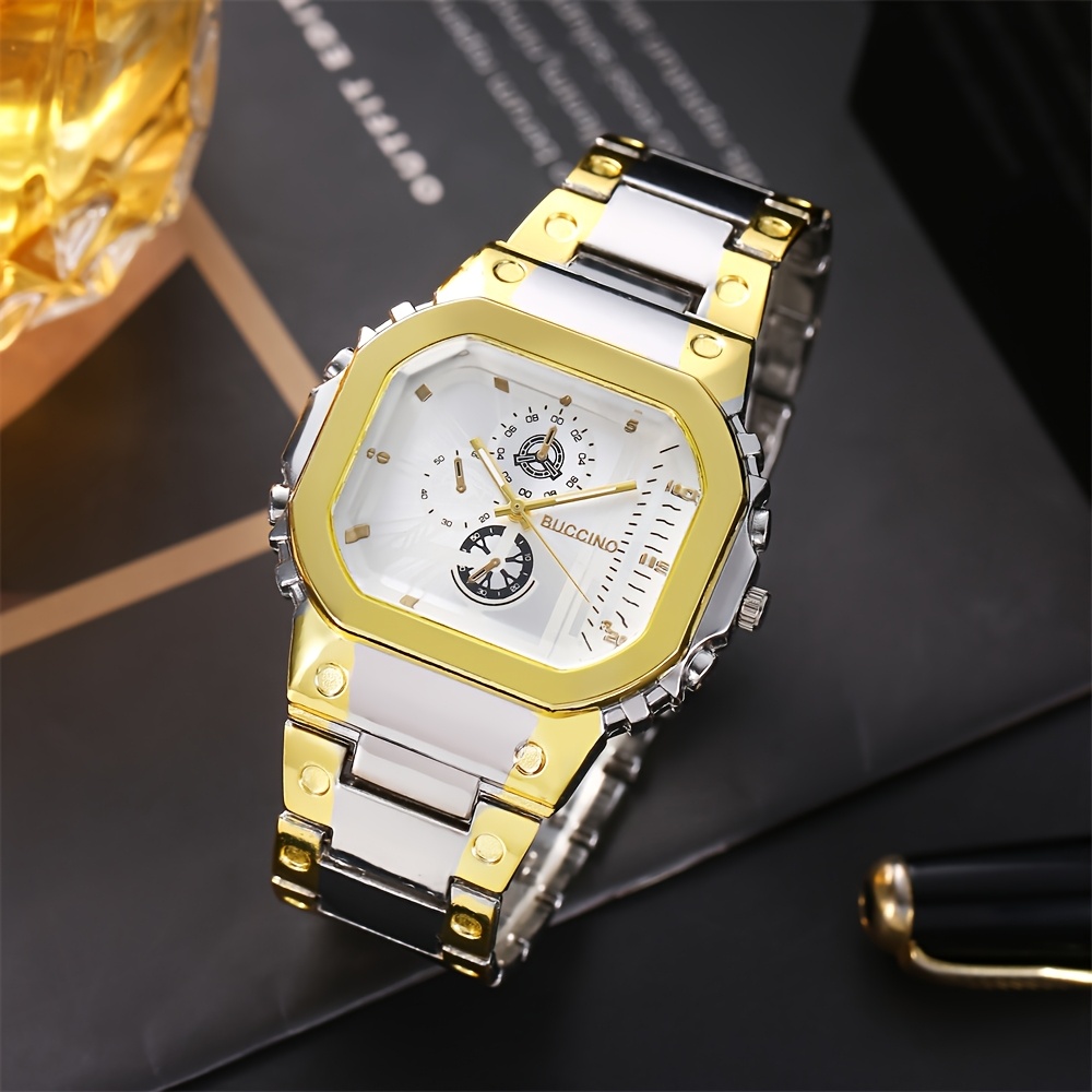 TEMU ' Steel Alloy Watch, Golden Silvery Rectangular Dial Creative Watch, Business Quartz Watch, Best Gift