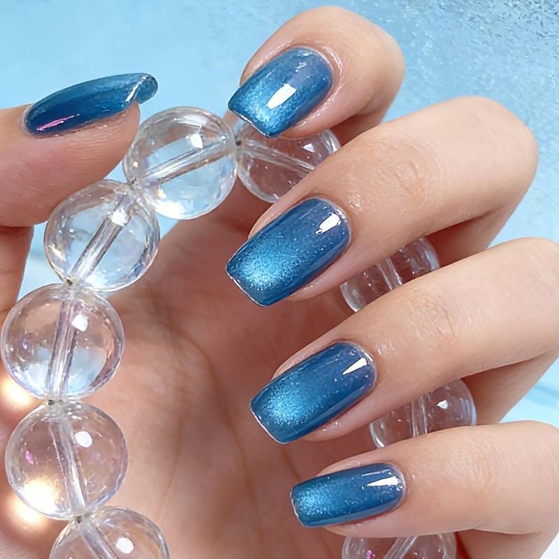 Calcomanías para Uñas de Largo Medio, Forma Cuadrada, 24 Piezas, Azul, Alta Gama, Efecto Ojo de Gato, Desmontables, Uñas Postizas, Uñas Artificiales, Calcomanías para Uñas Artificiales Hechas a Mano, Tipo Gel, Uñas Postizas de Presión, Uñas Artificiales para Mujer