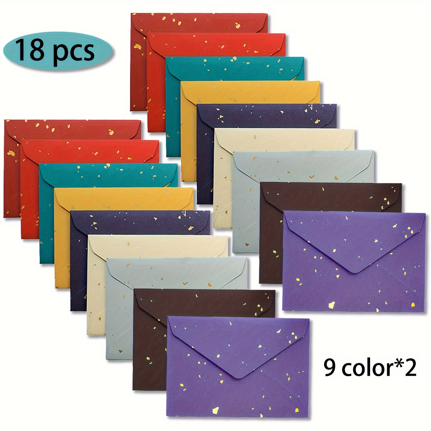 

18 Pack Golden Sprinkled Vintage Kraft Paper Envelopes, 9 Assorted Colors, 4x6 Inch, Triangular Closure, Gummed Seal, Invitation & Postcard Envelopes For All