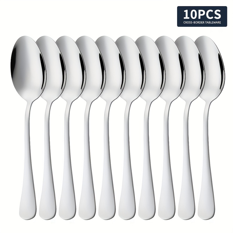 10pcs Stainless Steel Cutlery Silverware Elegant Thickened Spoon Household Soup Spoon Restaurant Eating Spoon Stirring Spoon Salad Spoon