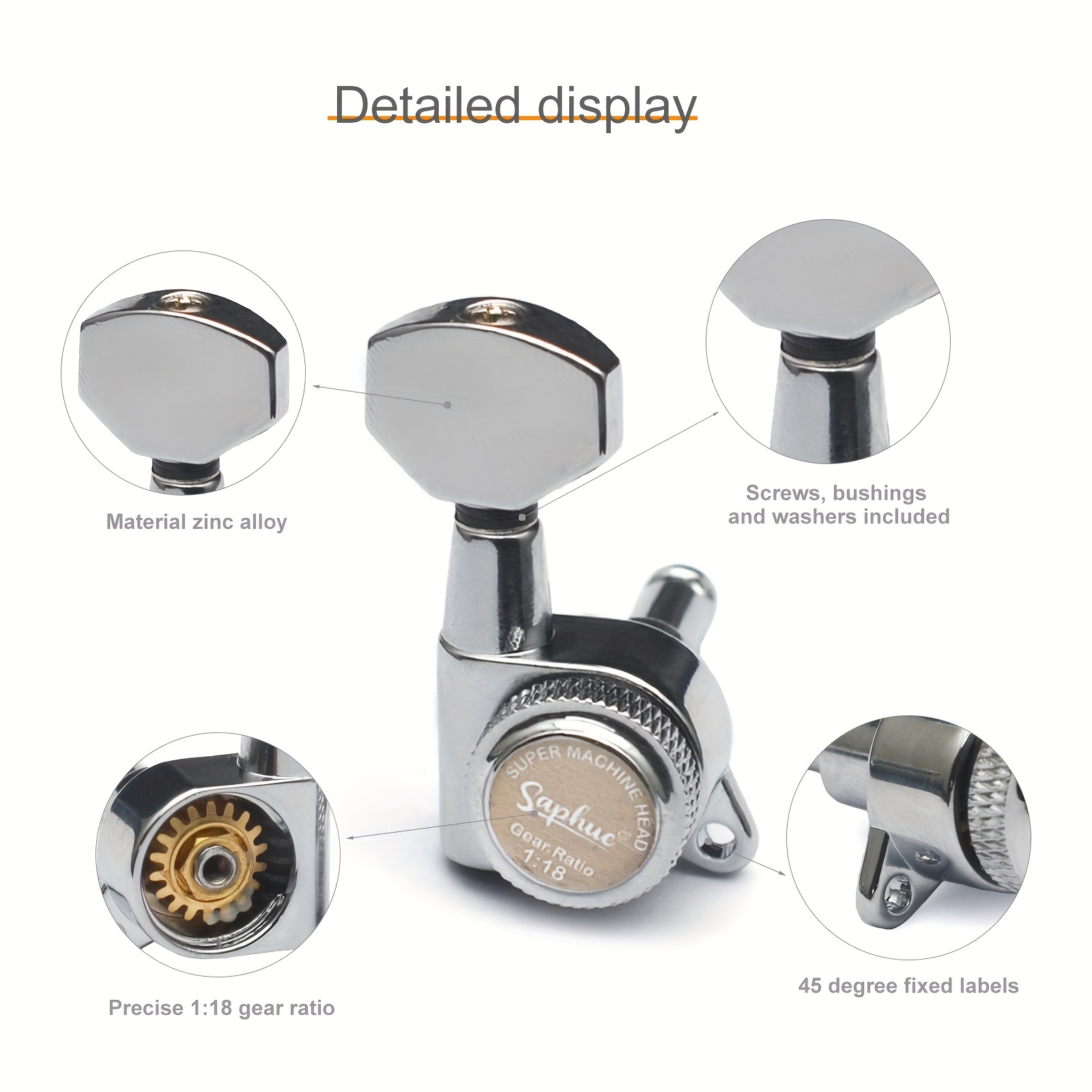 [SAPHUE Guitar Locking Tuners] SAPHUE 6pcs Guitar Locking Tuners | 1:18 Lock String Tuning Key Pegs Machine Head with Hexagonal Handle Replacement for Electric Folk or Acoustic Guitars - Black/Golden/Chrome