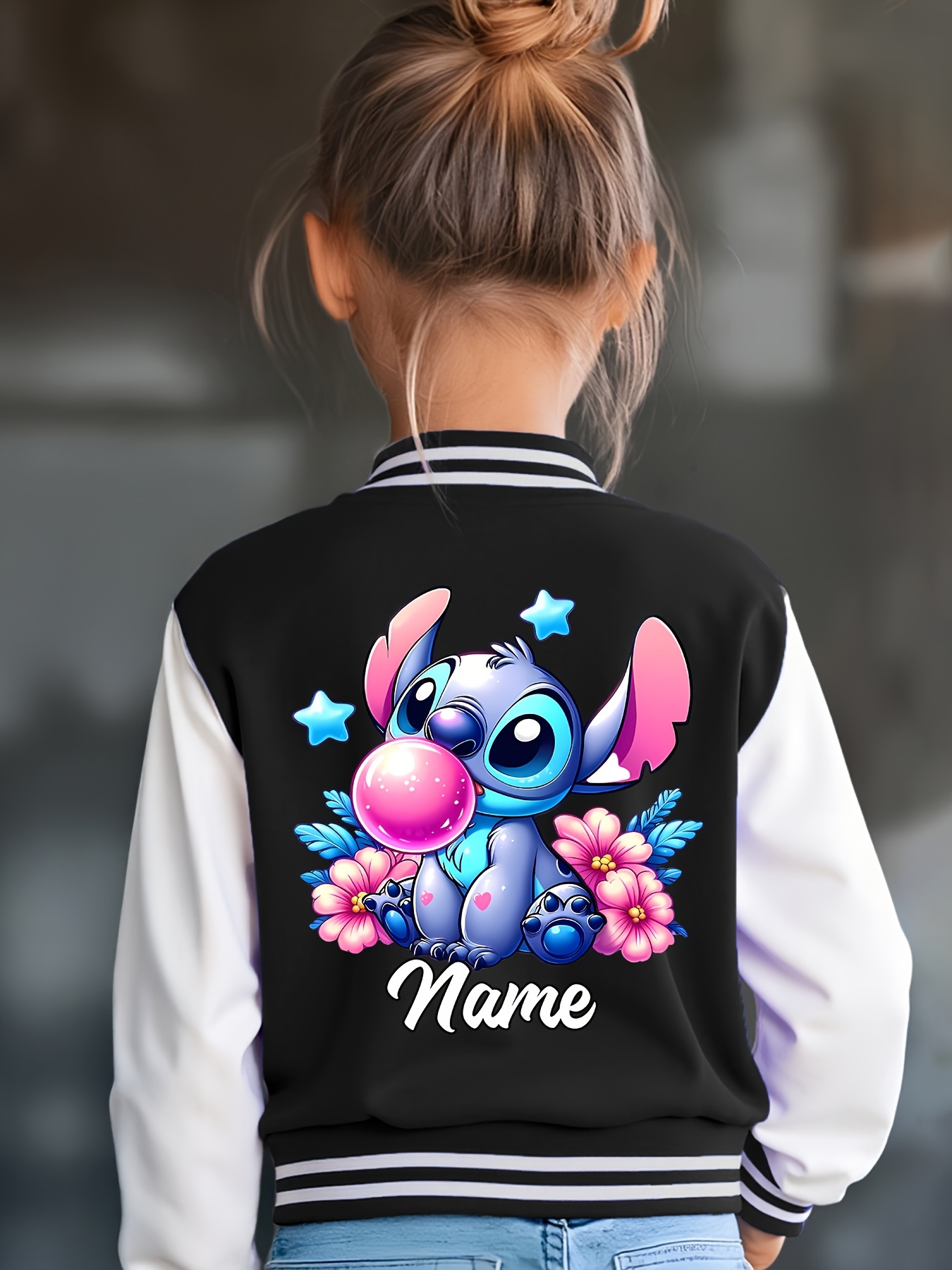 Customizable Stitch Girls' Baseball Jacket - Personalized Text, Autumn/Winter Casual Wear with Cute Stitch Print, Perfect for Halloween & Birthday Gifts, Kids Fashion Sportswear, Stitch Gifts, Festive Kids Clothing, Playful Kids Design, Durable Kids Clothing