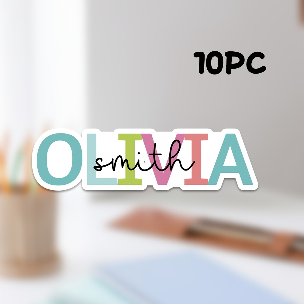 TEMU Lot de 10 autocollants personnalisés avec nom, lettres grasses en blocs de couleur, décalcomanie vinyle pour bouteille d'eau, sac à dos d'école,
