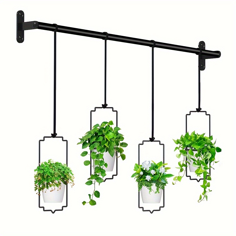 

4pcs Metal Adjustable Hanging Planters With Plastic Pots, Rail For Indoor Window & Ceiling Herb Garden, Wall Plant Hanger With Nylon Cords, Home Decor