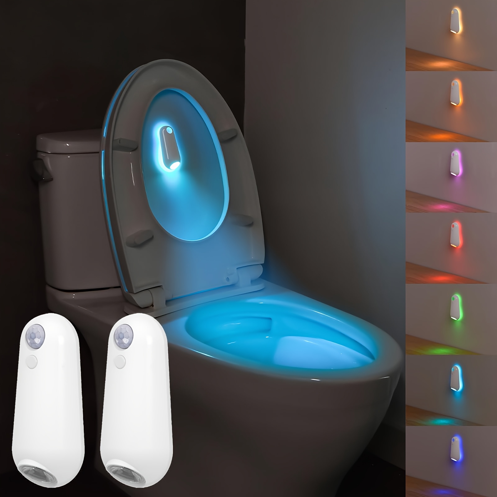 TEMU 2-pack Automatic Toilet Light With Motion Sensor - Auto Bathroom Night Light, 8-color Changing Led Toilet Light, Battery-powered No Wiring