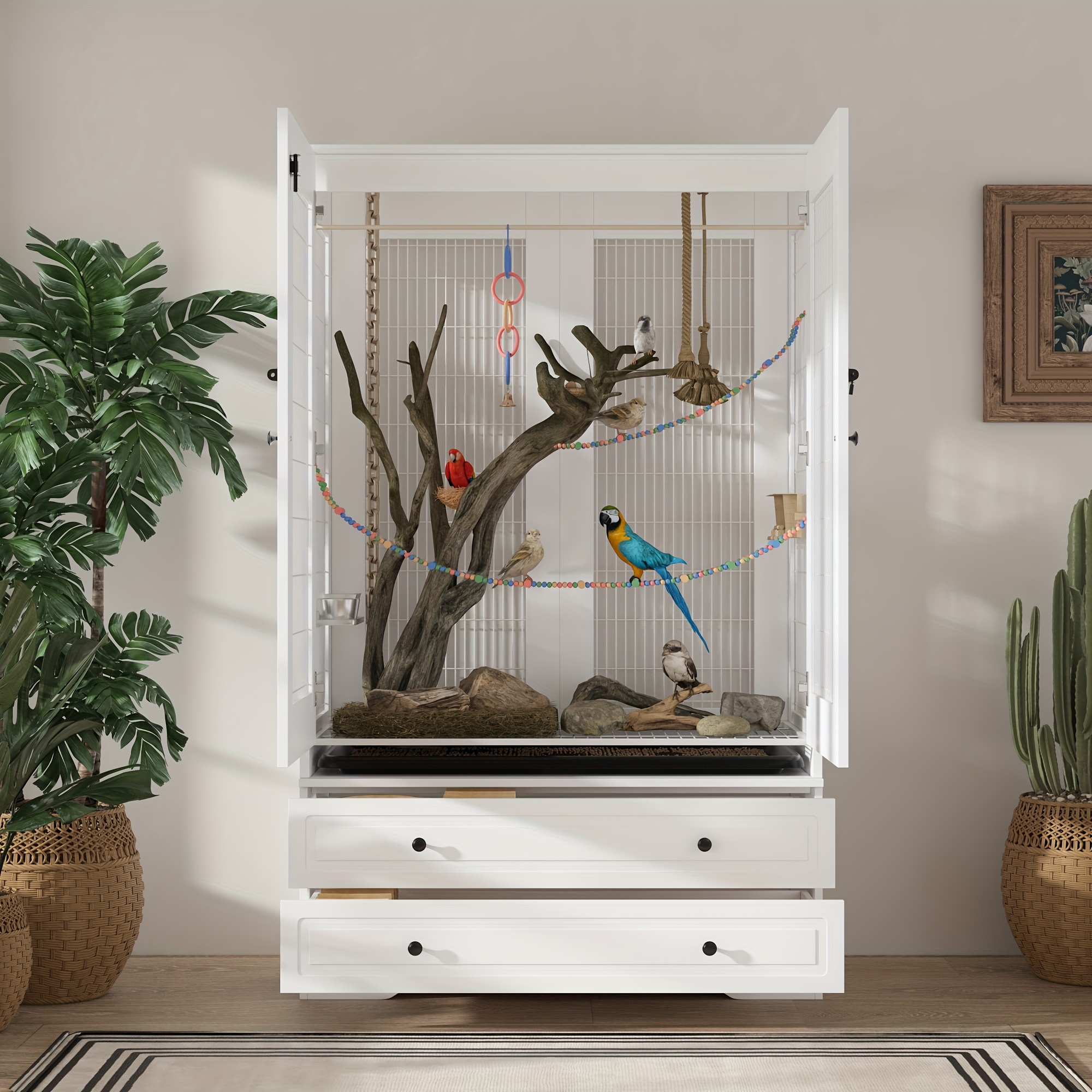 elegant   cage with dual drawer storage bottom tray birdcage with storage drawers   ventilation multifunctional     white 39 3 w x 19 6 d   h Product details 1