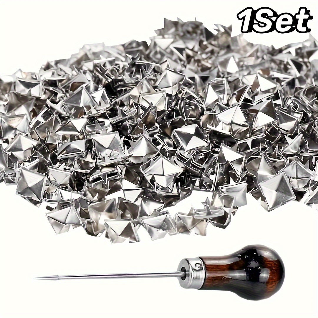 1set 100pcss Willow Nail And 10mm Square Pyramid Studs For Clothing Bag Leather Shoes Punk Rock Jewelry Craft, Prong Metal Studs Spikes Accessories With Awl (silvery)
